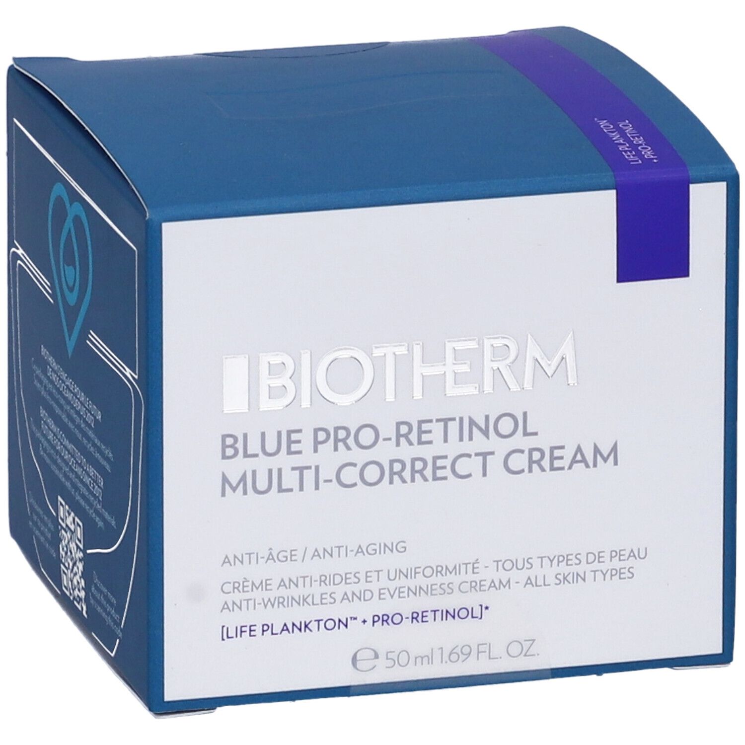 Confezione blu con logo e testo. Biotherm Blue Pro-Retinol Multi-Correct Cream. Codice QR.