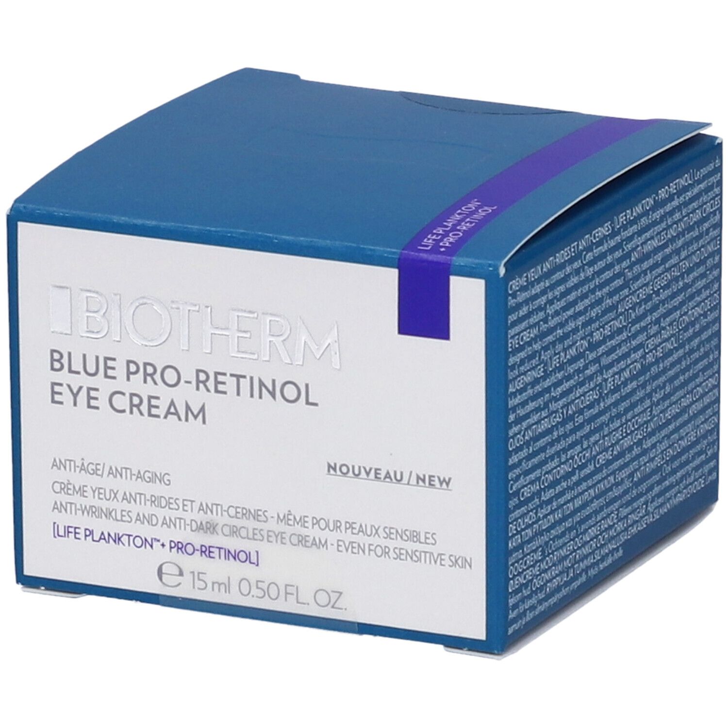 Scatola blu con stampa del prodotto. Scritta: Biotherm Blue Pro-Retinol Eye Cream. Testo in inglese e francese.