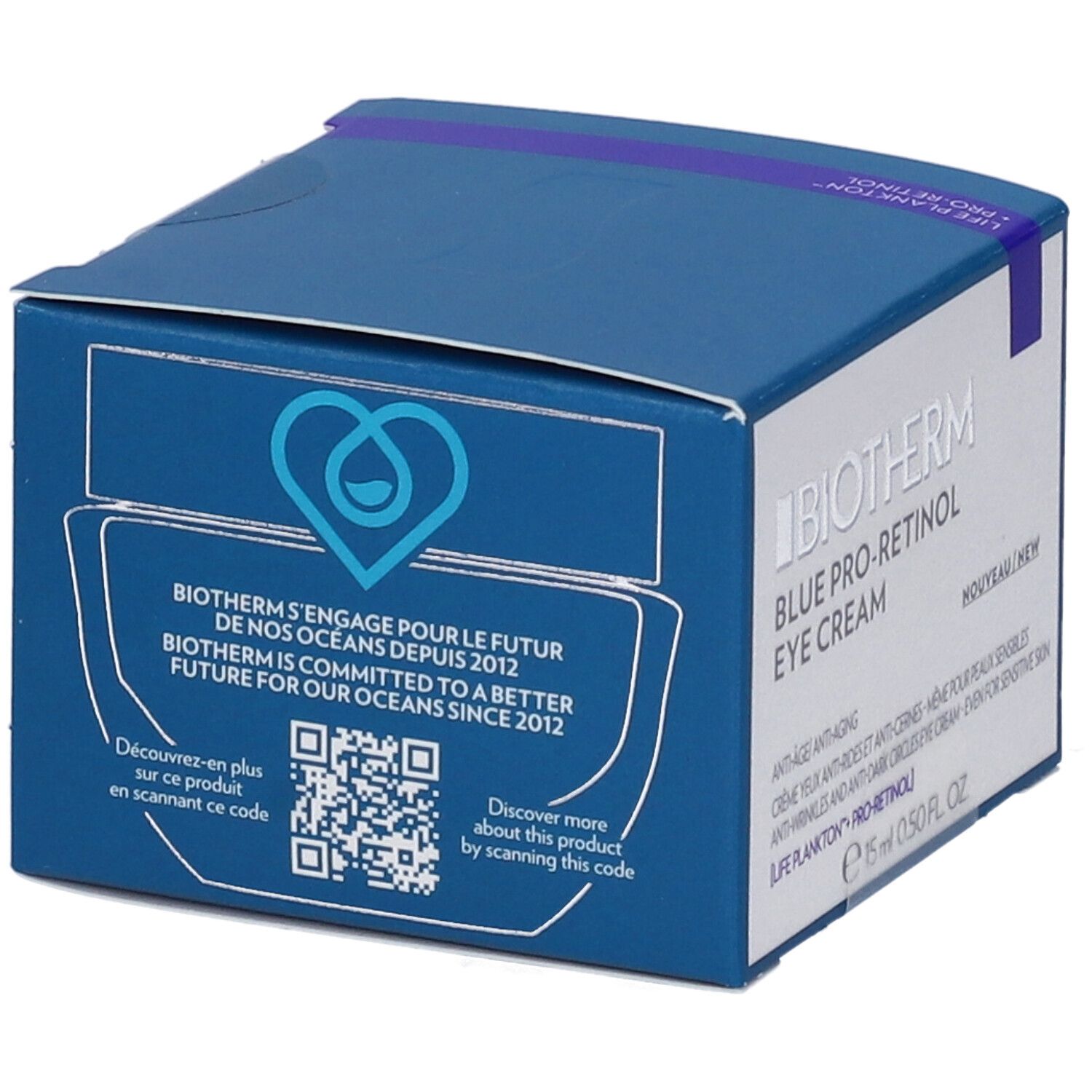 Scatola blu con logo e codice QR. Testo: Biotherm si impegna per il futuro dei nostri oceani dal 2012.