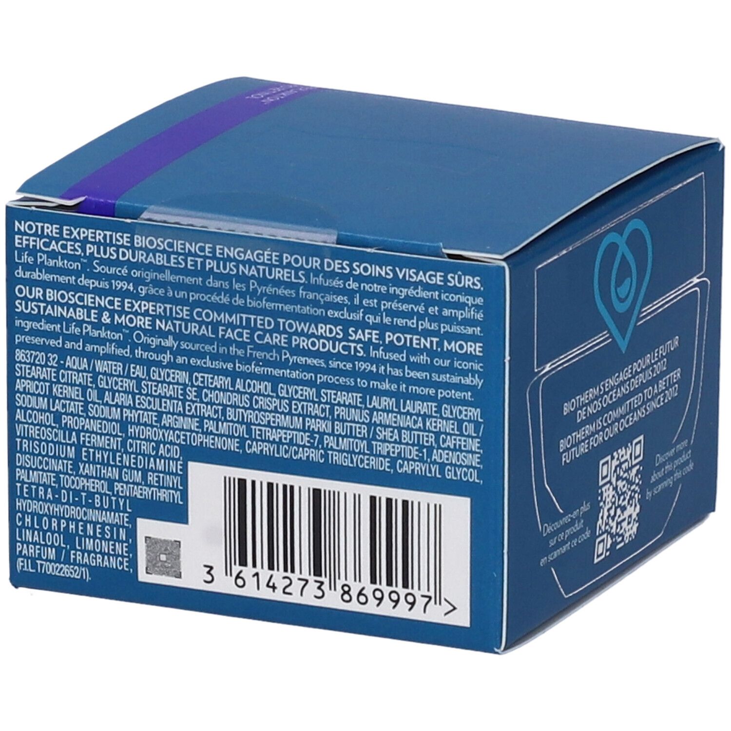 Scatola blu con testo. Ingredienti e informazioni. Logo e codice QR. Testo in francese.