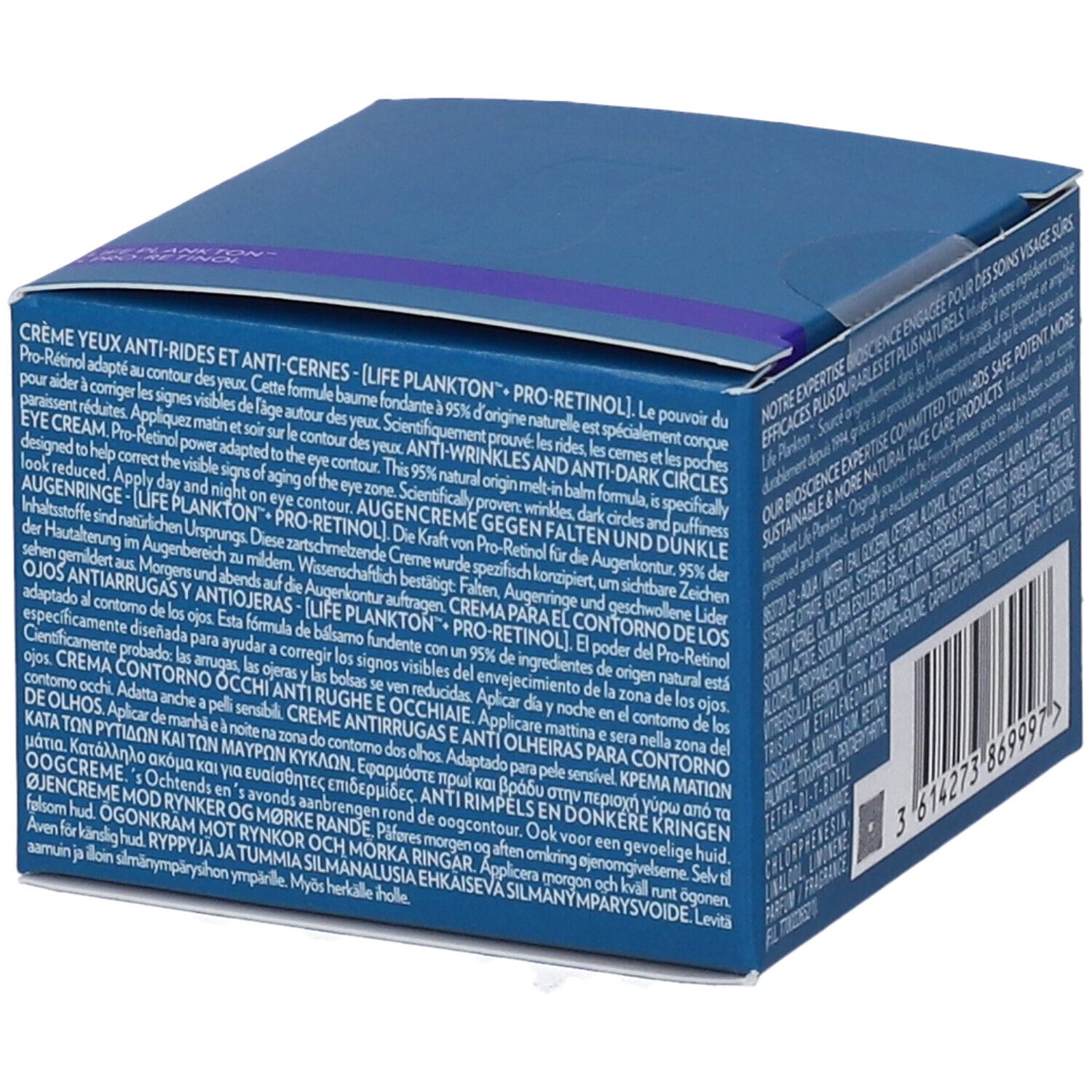 Scatola blu con testo. Descrizione del prodotto in più lingue. Testo in francese, inglese, tedesco, italiano.