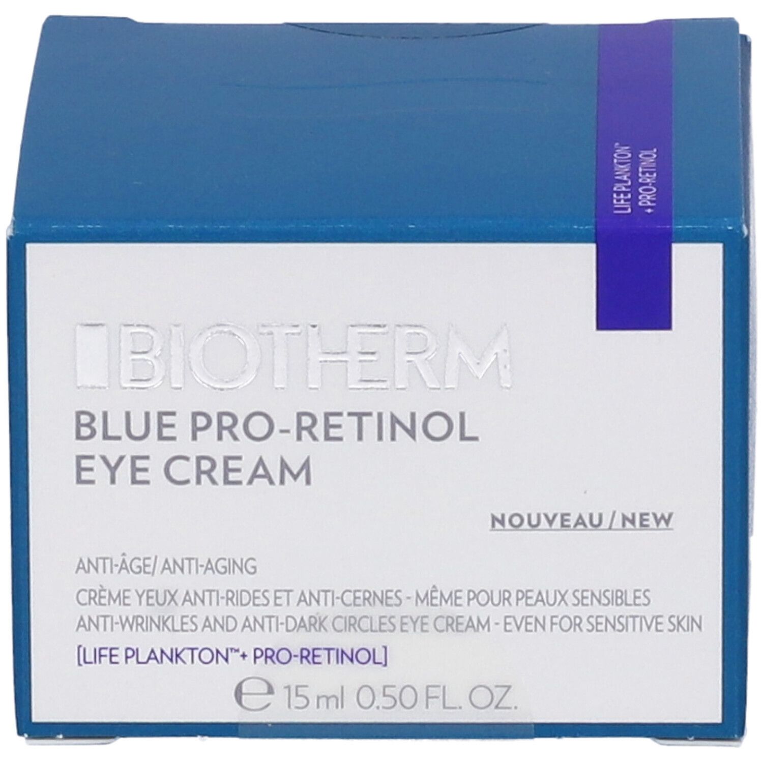 Scatola blu con stampa del prodotto. Scritta: Biotherm Blue Pro-Retinol Eye Cream. Testo in inglese e francese.