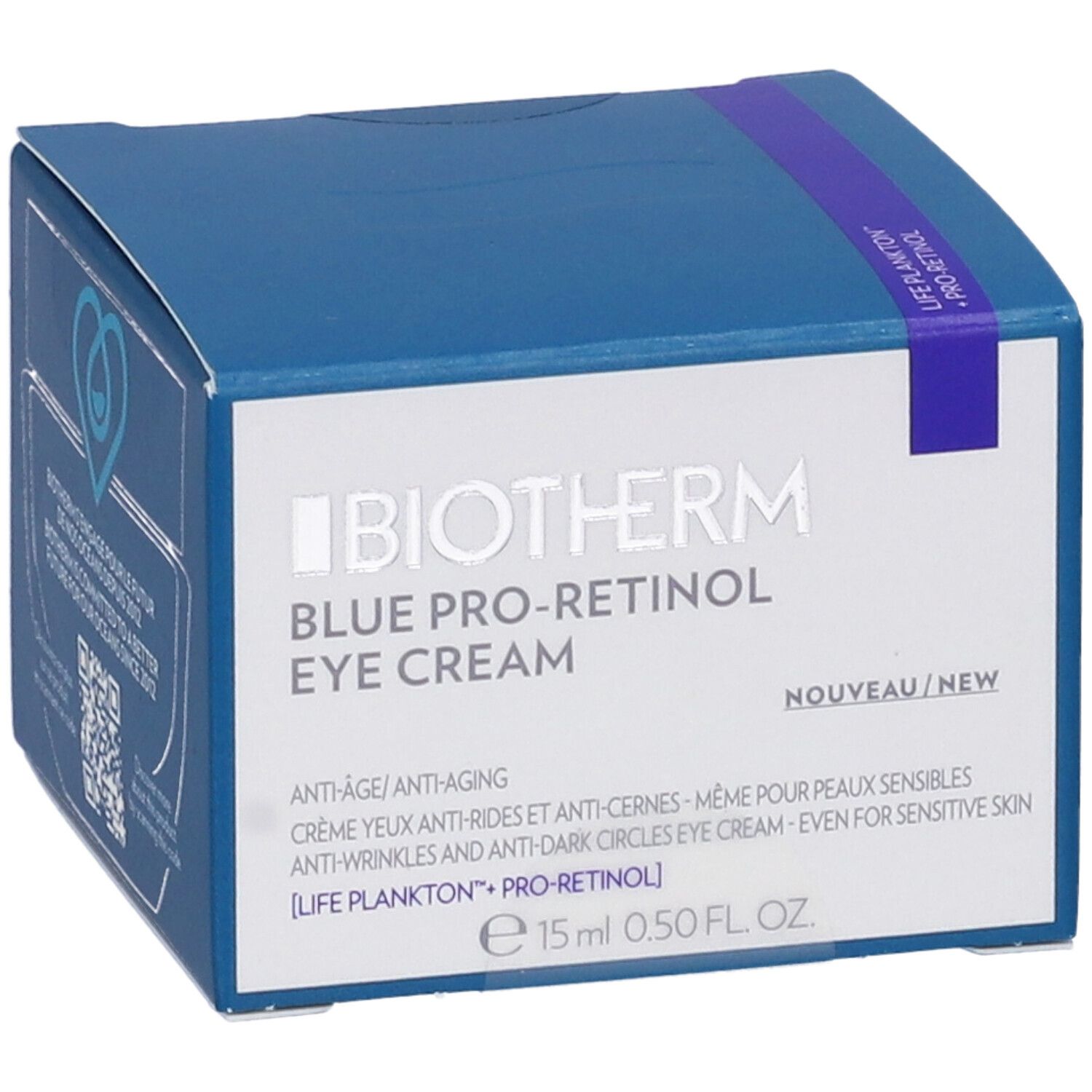 Scatola blu con stampa del prodotto. Scritta: Biotherm Blue Pro-Retinol Eye Cream. Testo in inglese e francese.