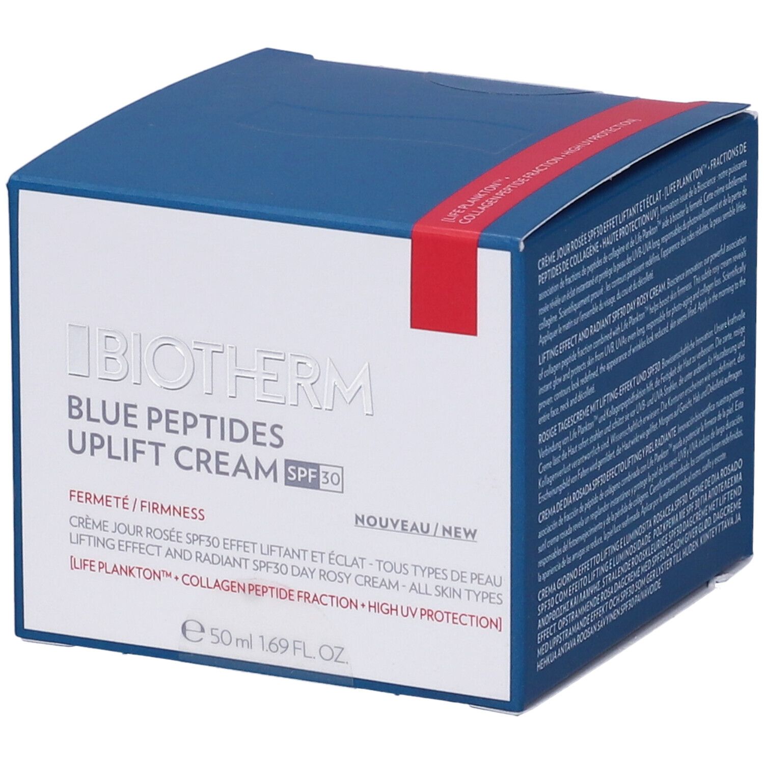 Scatola blu e bianca con nome prodotto e SPF30. Testo: Blue Peptides Uplift Cream. 50 ml.