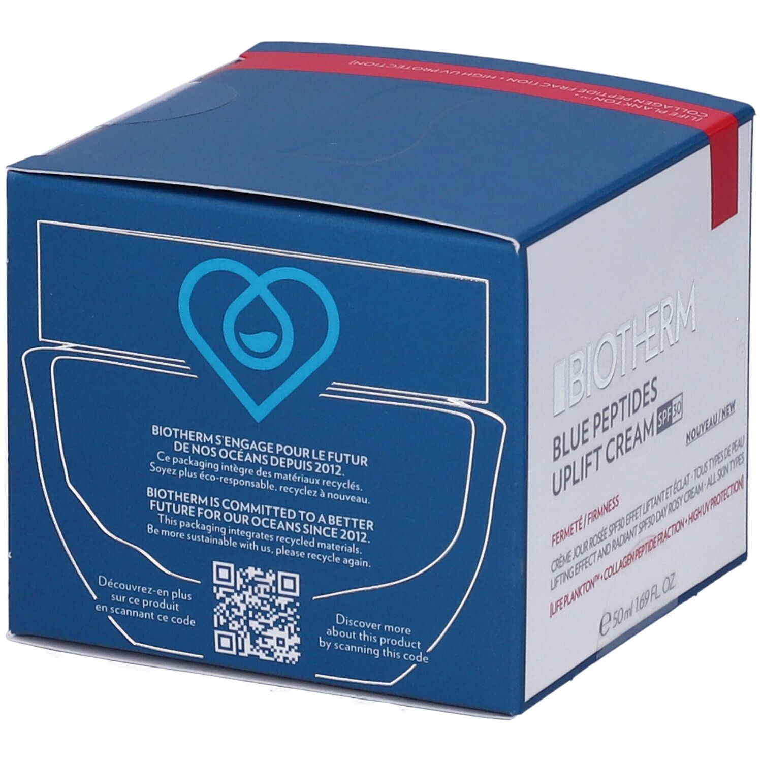 Scatola blu con logo e testo. Testo: Biotherm si impegna per il futuro dei nostri oceani dal 2012. QR code.