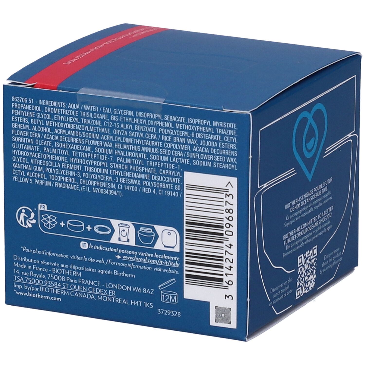 Scatola blu con ingredienti e informazioni. Testo: Ingredienti, 12M, indirizzo, codice QR.