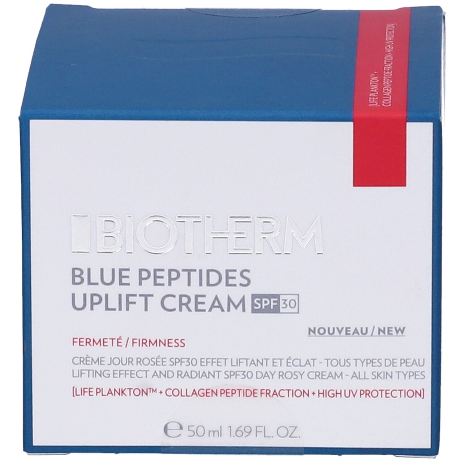 Scatola blu con nome prodotto e SPF30. Testo: Blue Peptides Uplift Cream. 50 ml.