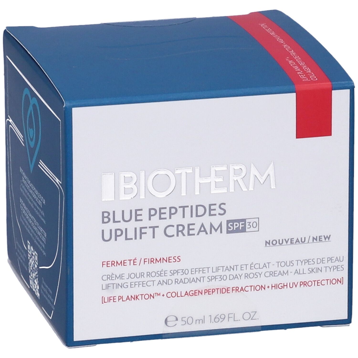 Scatola blu con nome prodotto e SPF30. Testo: Blue Peptides Uplift Cream. 50 ml.