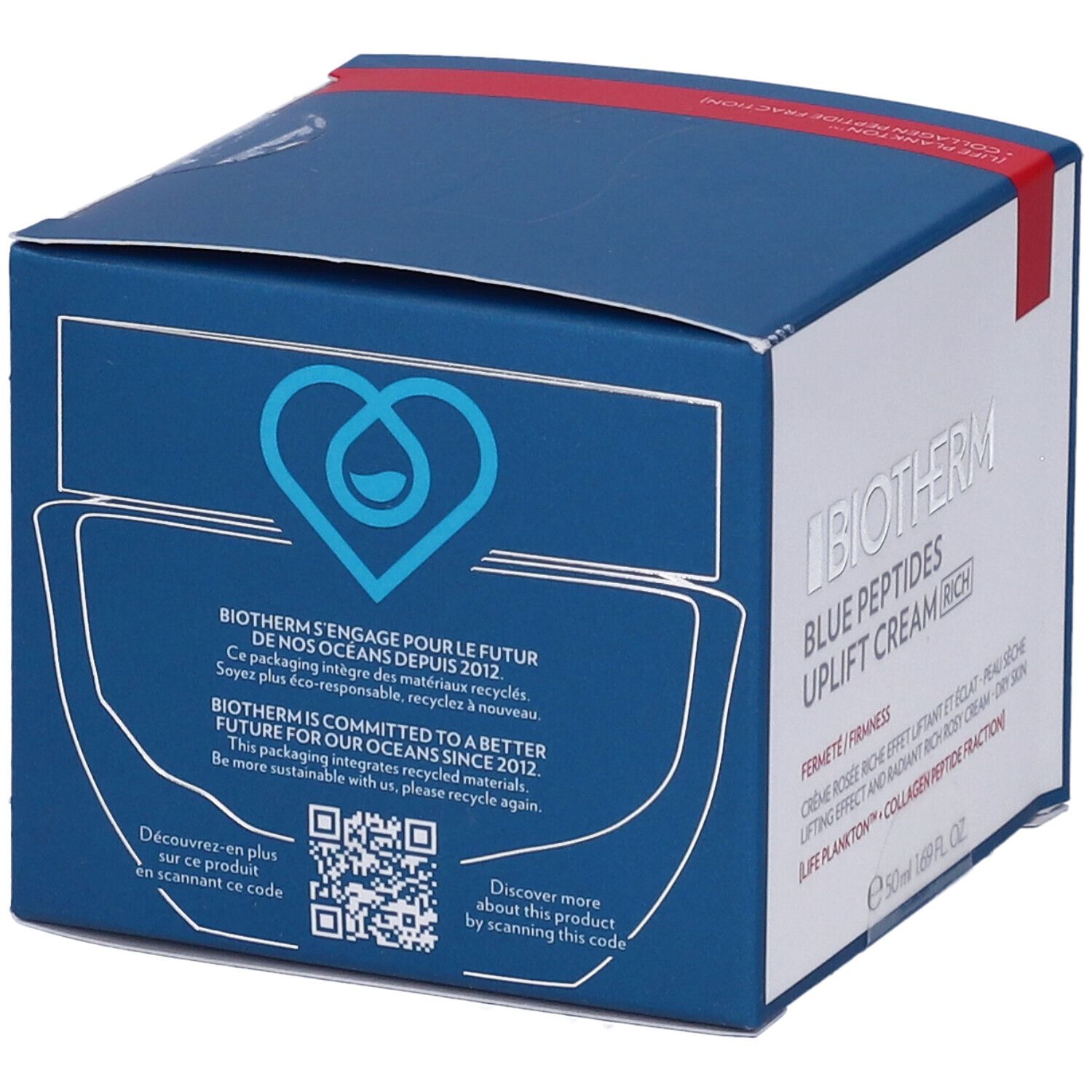 Scatola blu. Logo e testo Biotherm. Codice QR e testo: Scopri di più su questo prodotto scansionando questo codice.