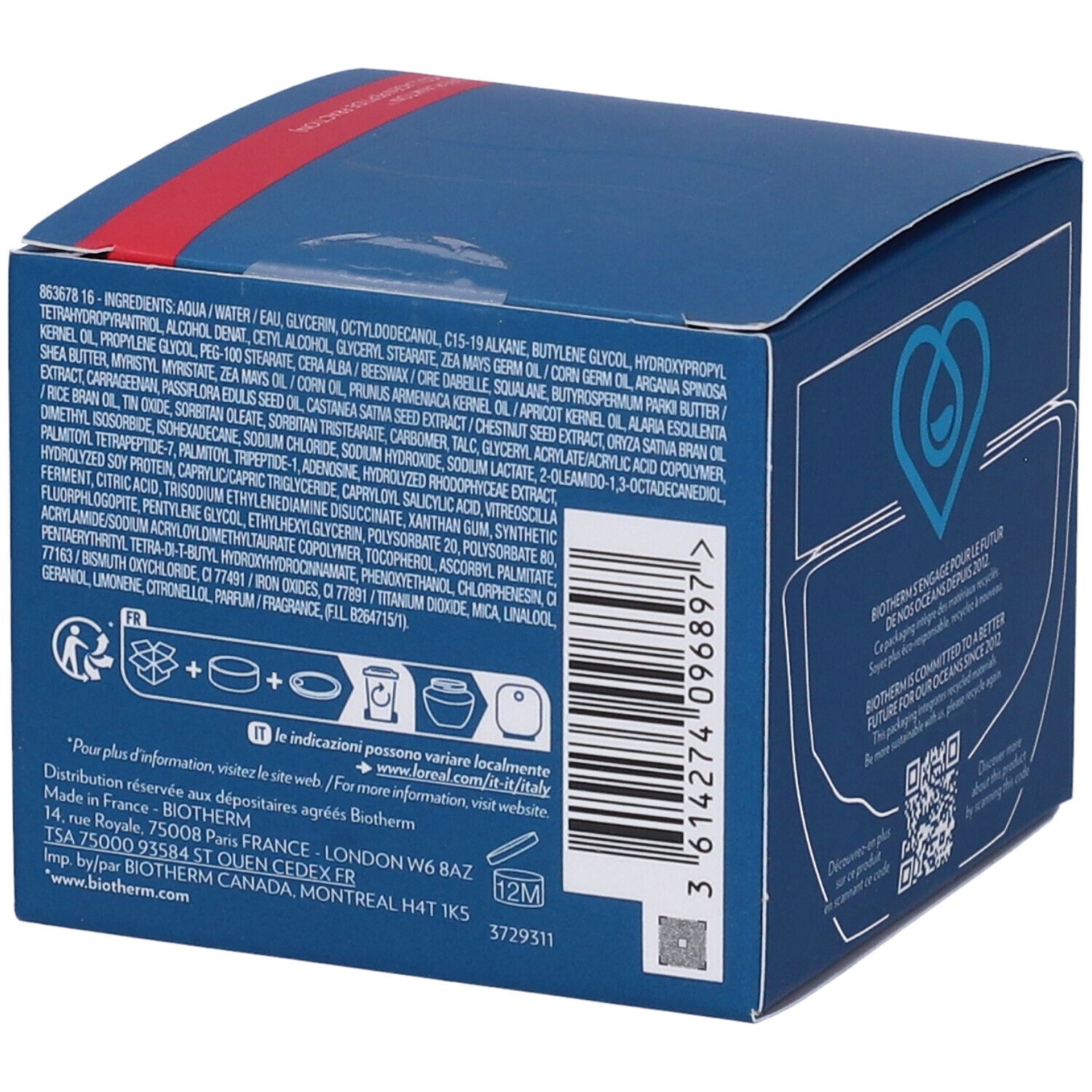 Scatola blu. Retro con ingredienti e testo. Codice QR. Testo: Made in France.