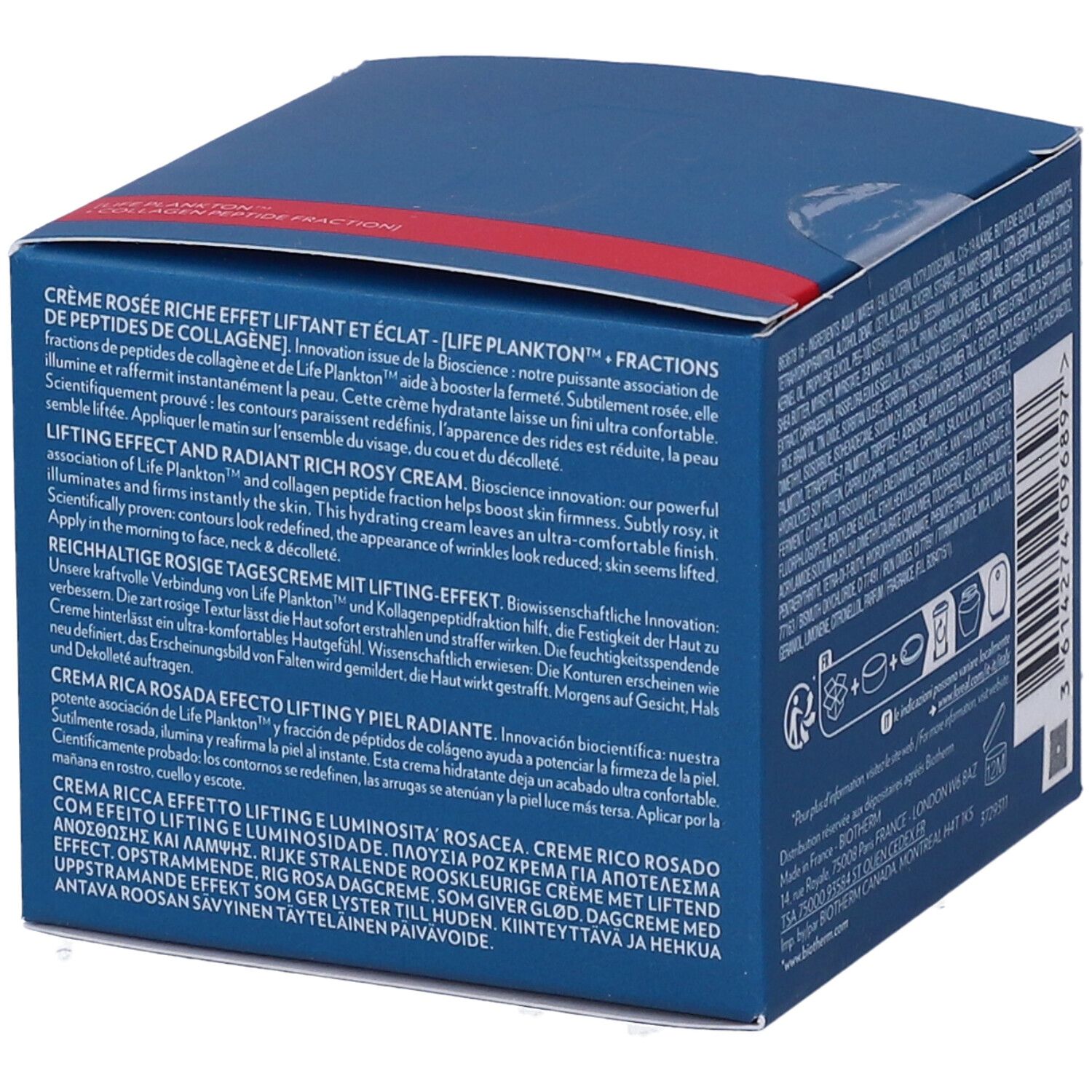 Scatola blu. Testo in francese, tedesco, italiano, greco. Testo: Crema Rosée Riche Effetto Liftante.