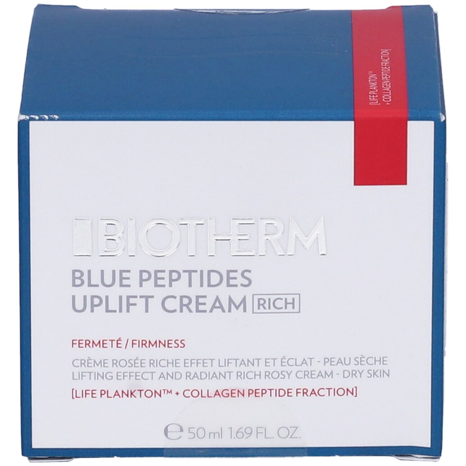 Scatola blu. Biotherm Blue Peptides Uplift Cream Rich. Striscia rossa. Testo: 50 ml 1.69 FL. OZ.