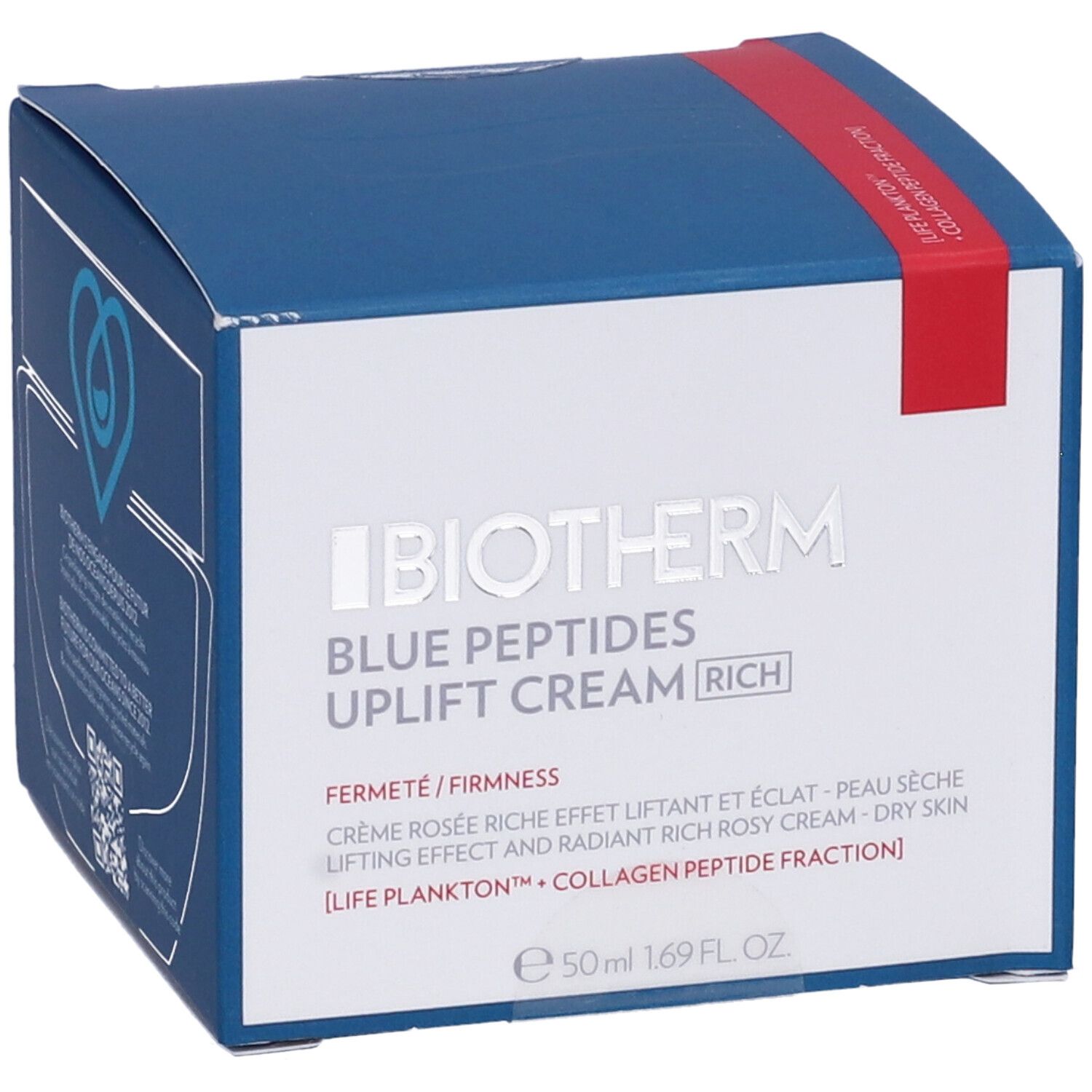 Scatola blu. Biotherm Blue Peptides Uplift Cream Rich. Striscia rossa. Codice QR. Testo: 50 ml 1.69 FL. OZ.
