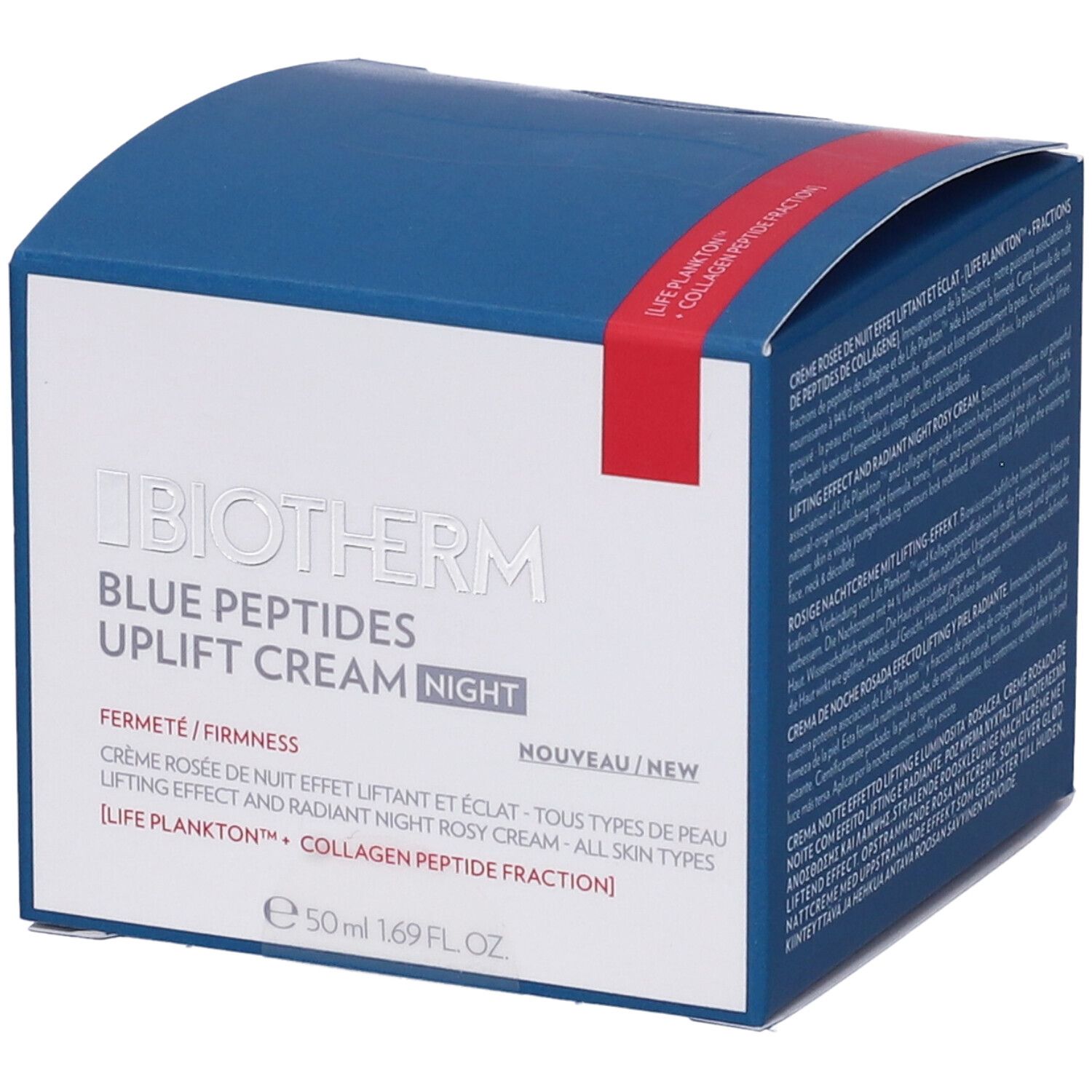 Scatola blu e bianca Biotherm. Contiene "Blue Peptides Uplift Cream Night". 50 ml. Testo in italiano.