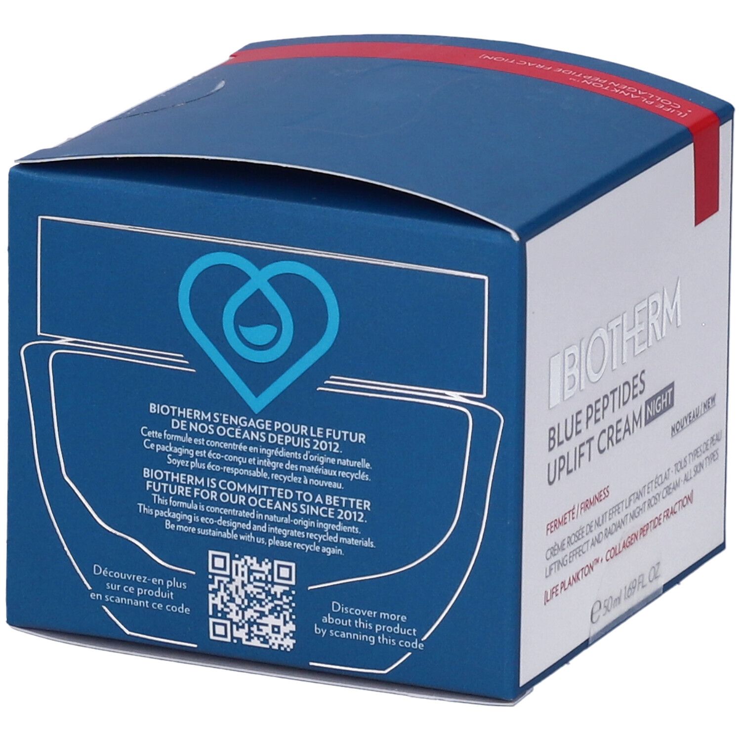 Scatola blu Biotherm. Contiene "Blue Peptides Uplift Cream Night". Codice QR per maggiori informazioni.