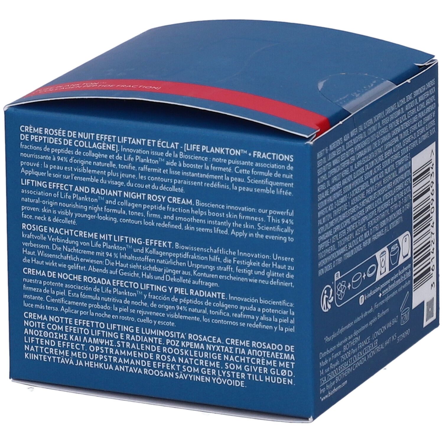 Scatola blu con testo multilingue. Informazioni sulla crema e il suo utilizzo.
