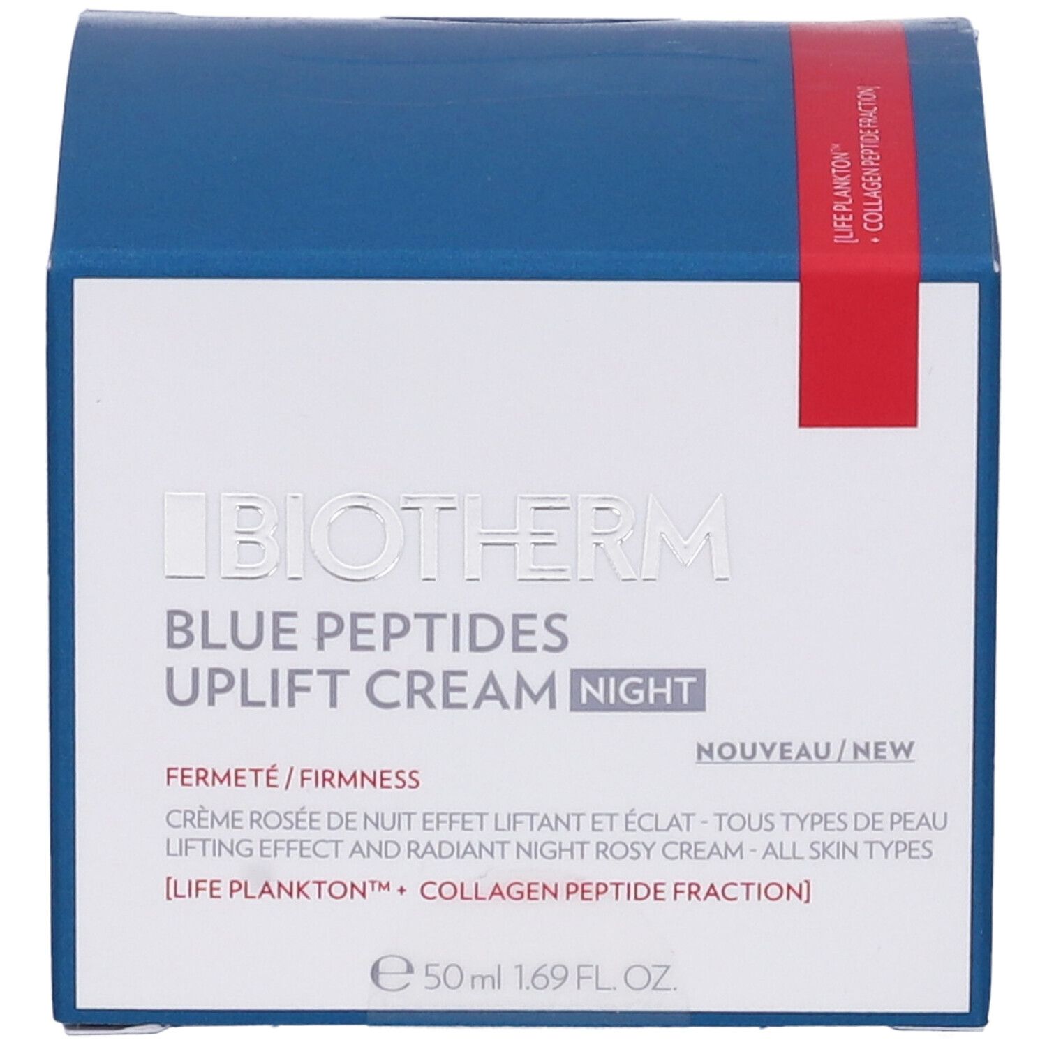 Scatola blu Biotherm. Contiene "Blue Peptides Uplift Cream Night". 50 ml. Testo in italiano.