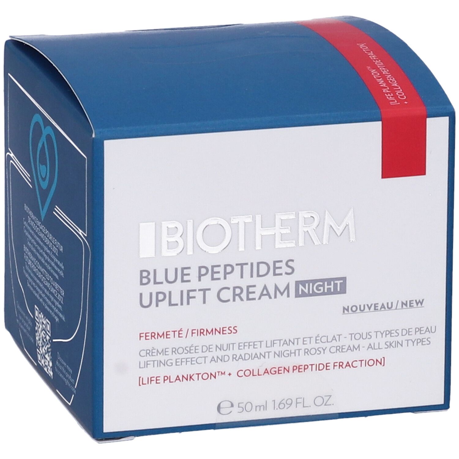 Scatola blu Biotherm. Contiene "Blue Peptides Uplift Cream Night". Codice QR per maggiori informazioni.
