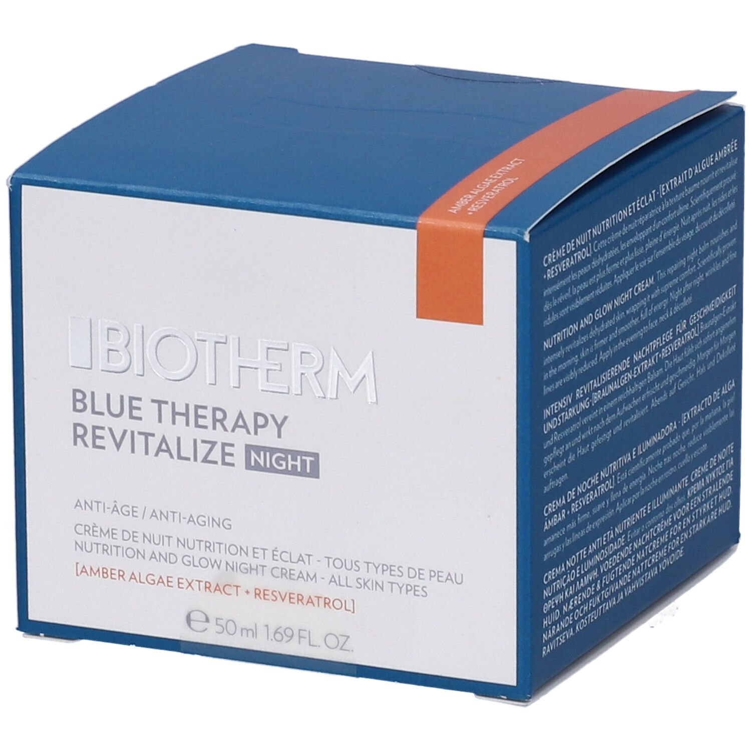 Scatola blu e bianca. Scritta: Biotherm Blue Therapy Revitalize Night. Striscia arancione con testo. 50ml.