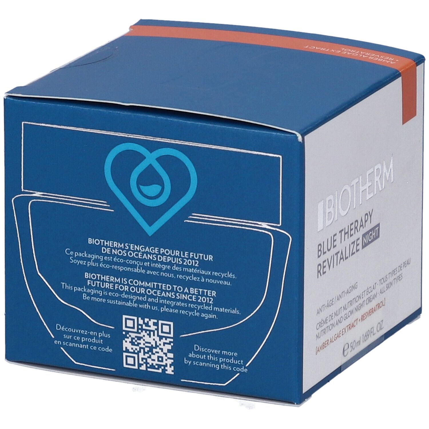 Scatola blu con logo e testo bianchi. Biotherm Blue Therapy Revitalize Night. Logo a cuore. Codice QR. Testo in inglese.