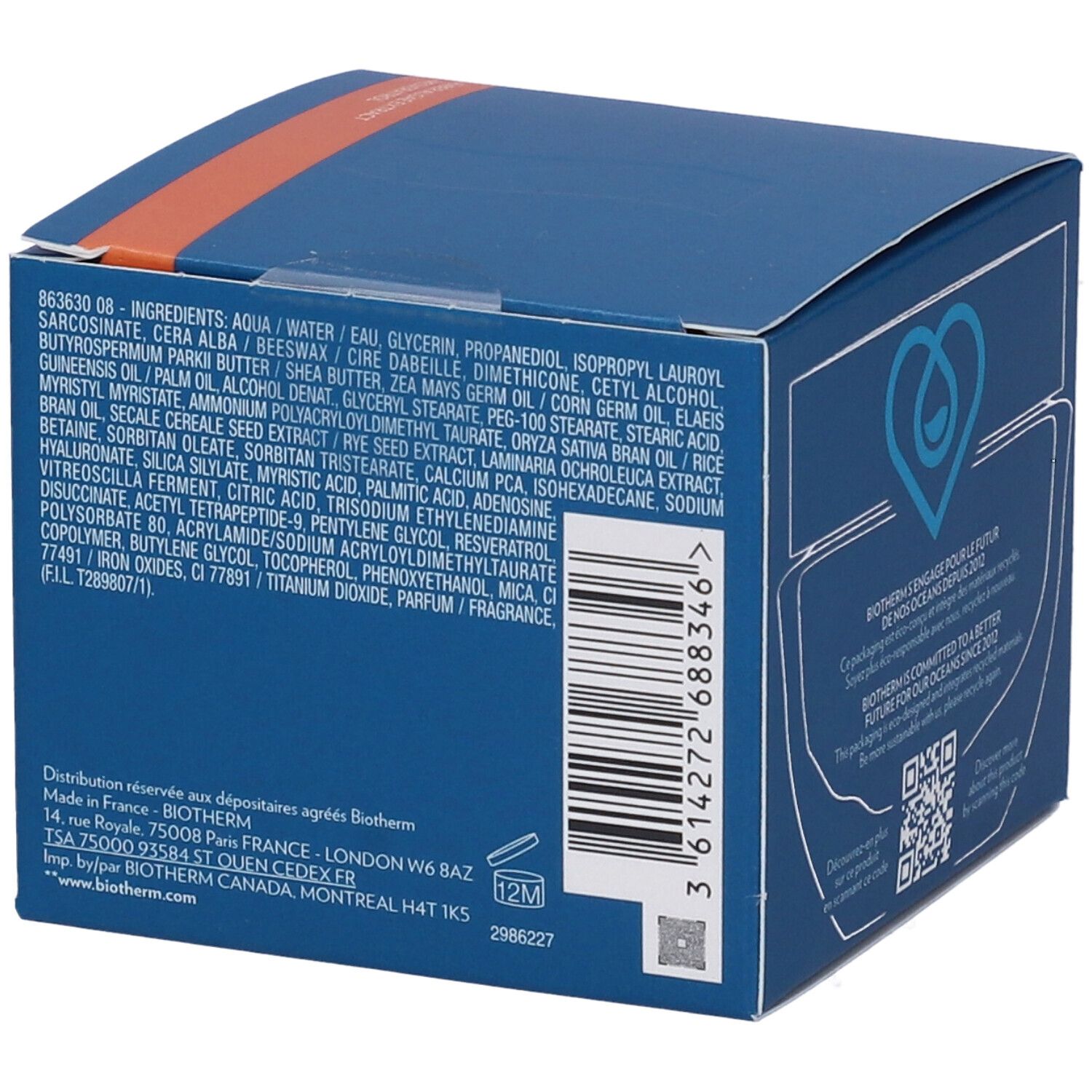 Scatola blu, retro. Ingredienti e informazioni del produttore. Codice a barre. Simbolo 12M. Codice QR.
