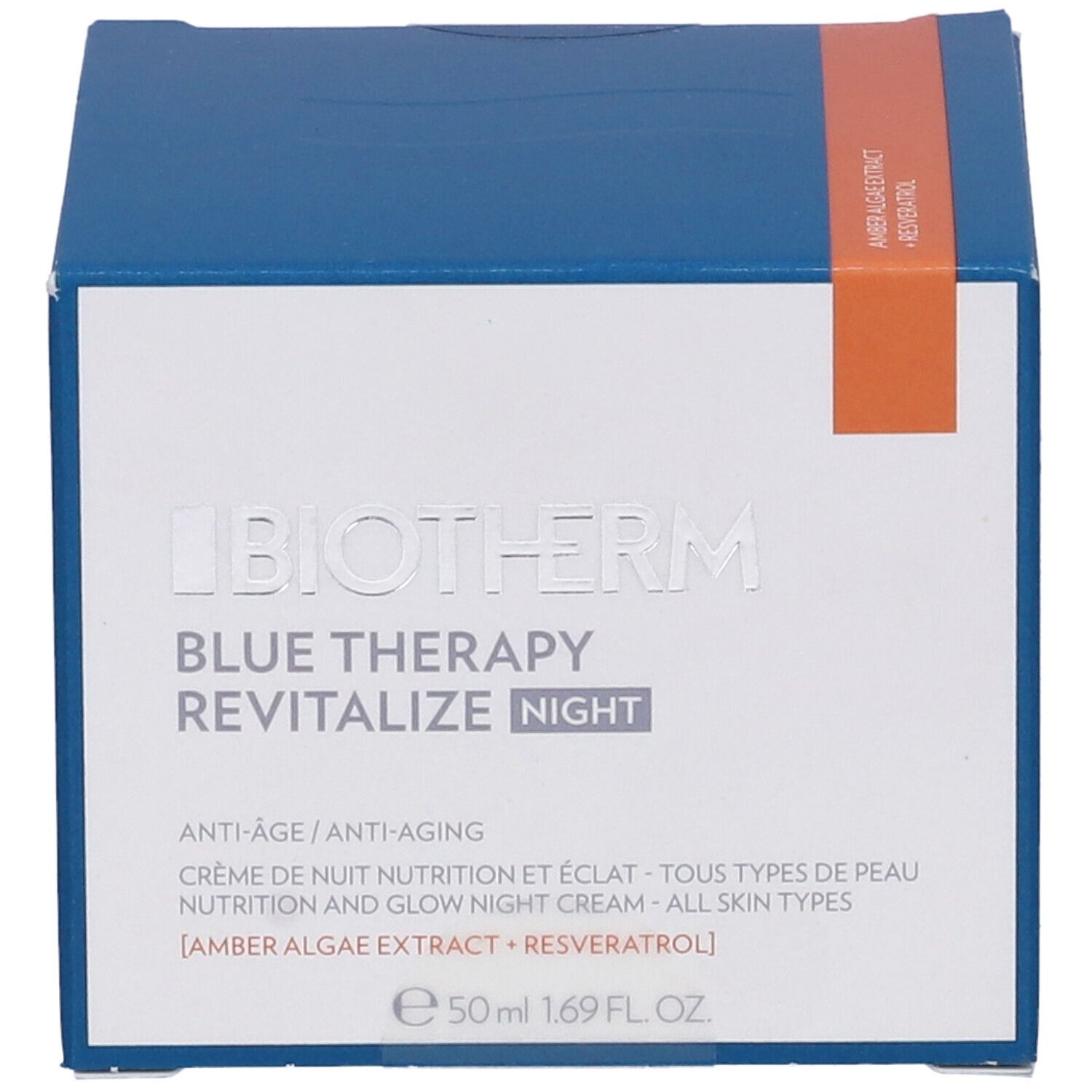 Scatola blu. Scritta: Biotherm Blue Therapy Revitalize Night. Striscia arancione. 50ml.