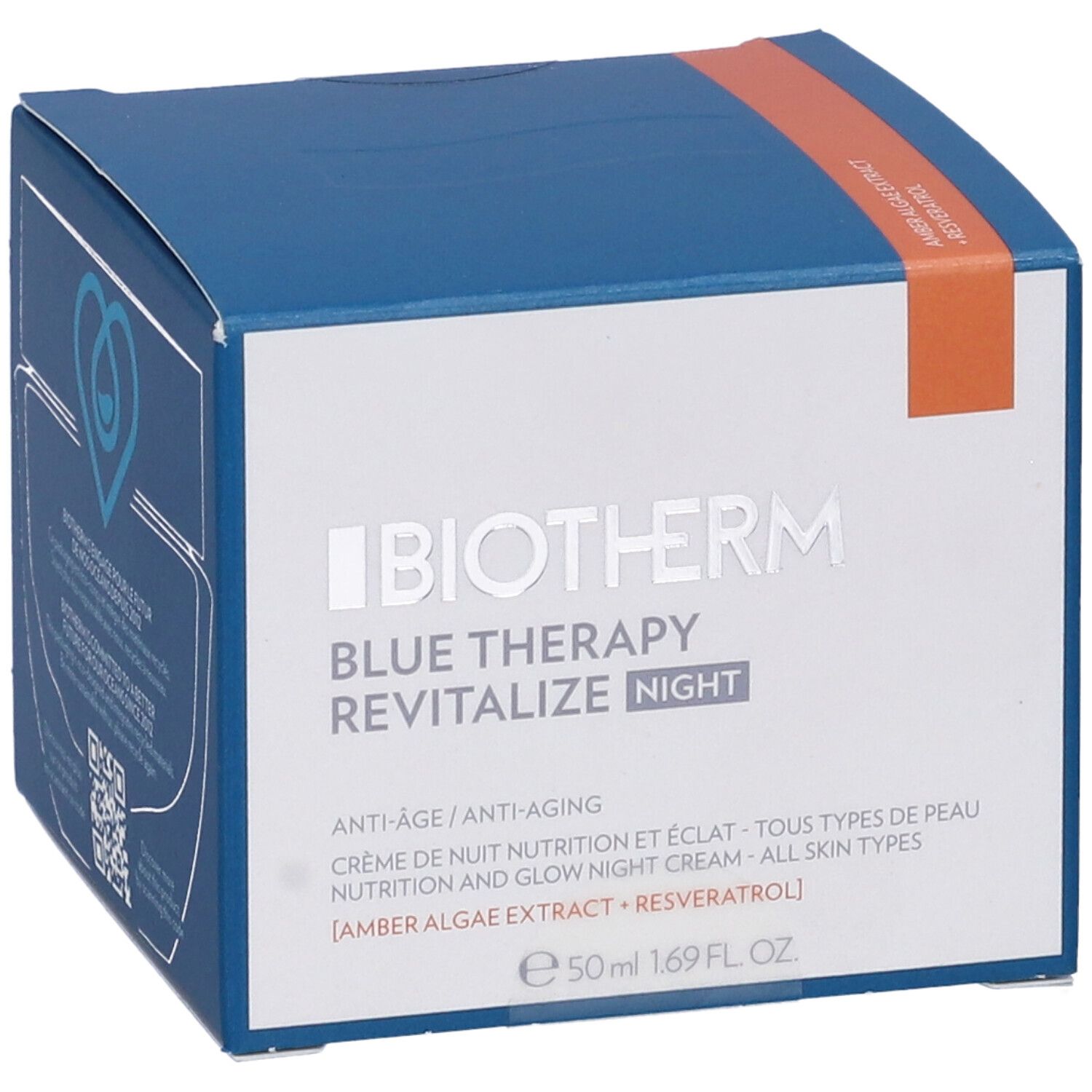 Scatola blu. Scritta: Biotherm Blue Therapy Revitalize Night. Striscia arancione. 50ml. Codice QR.