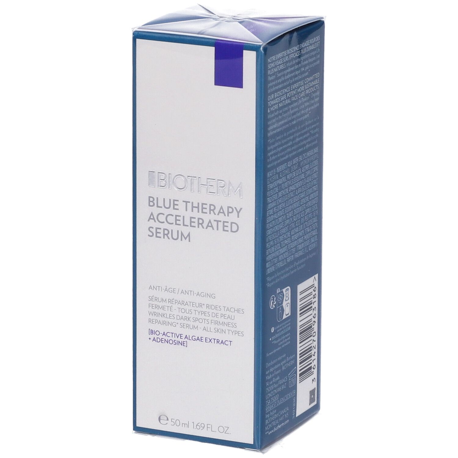 Confezione Biotherm Blue Therapy Accelerated Serum. Informazioni prodotto, 50 ml. Dettagli blu.