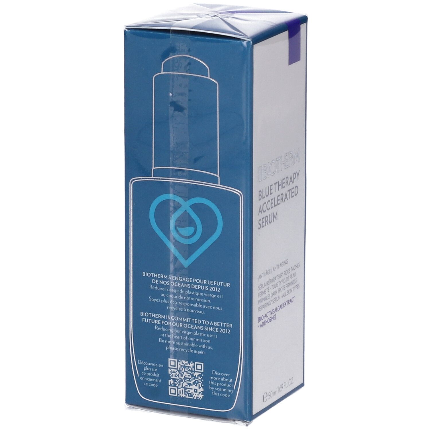 Retro confezione Biotherm Blue Therapy Accelerated Serum. Logo, testo, QR code, 50 ml.