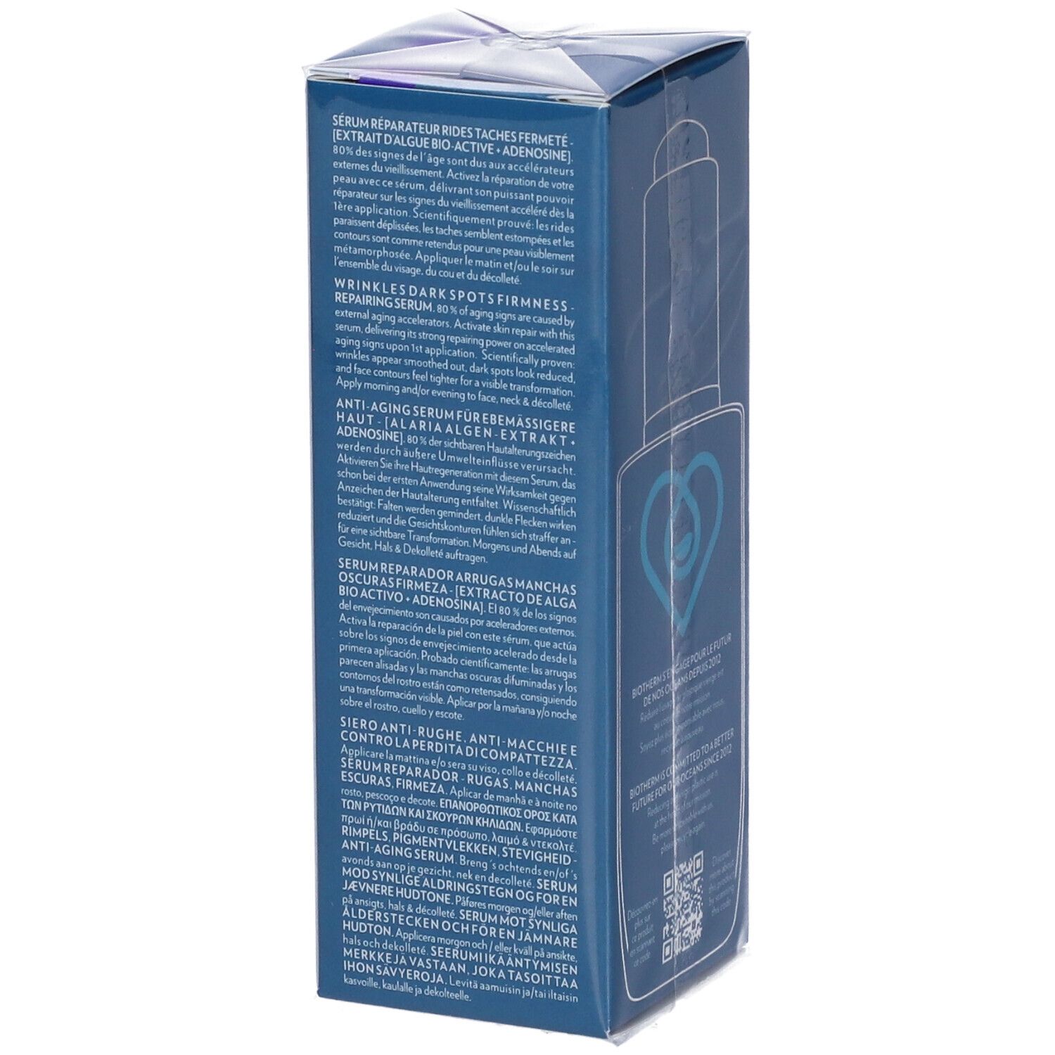 Lato confezione Biotherm Blue Therapy Accelerated Serum. Informazioni prodotto multilingue.