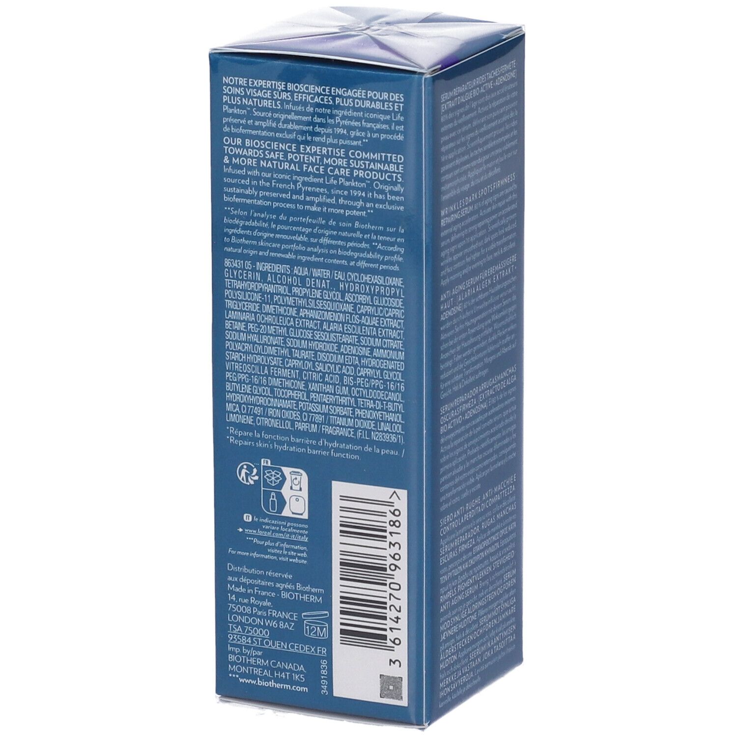 Lato confezione Biotherm Blue Therapy Accelerated Serum. Ingredienti, codice a barre, indirizzo produttore.