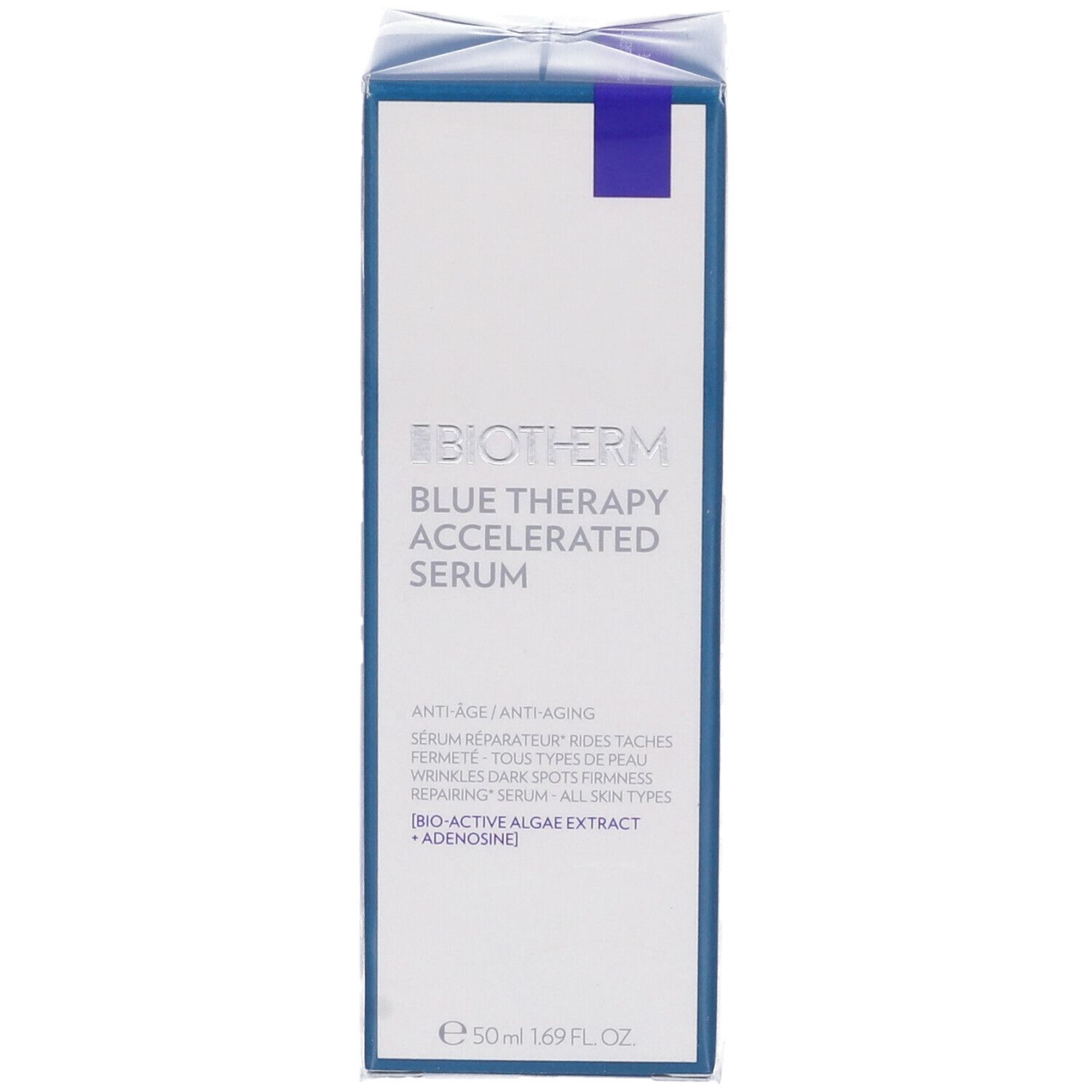 Fronte confezione Biotherm Blue Therapy Accelerated Serum. Nome prodotto, 50 ml. Dettagli blu.