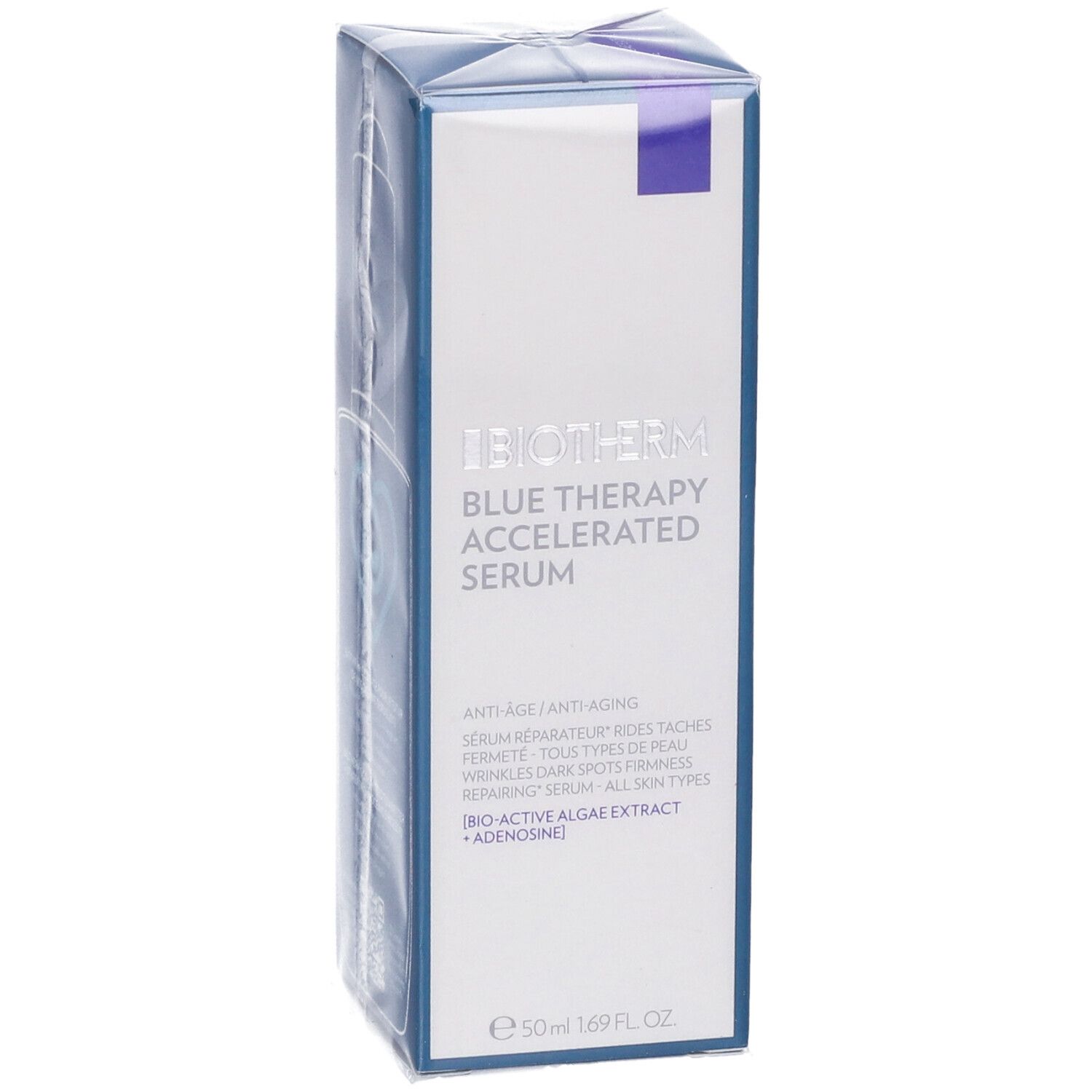 Vista obliqua confezione Biotherm Blue Therapy Accelerated Serum. Nome prodotto, 50 ml.