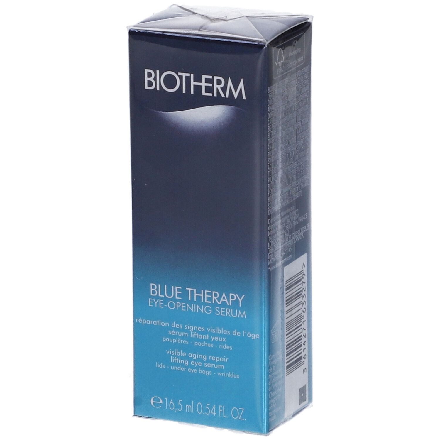 Confezione blu e bianca con logo BIOTHERM e nome del prodotto. Testo: Blue Therapy Eye-Opening Serum. Volume: 16,5 ml.