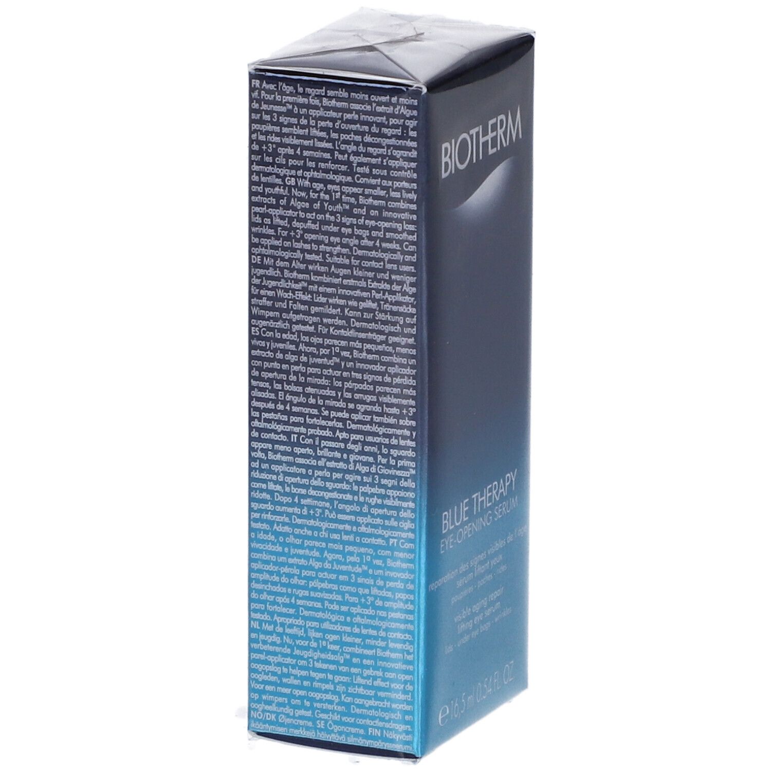 Scatola blu con testo. BIOTHERM e Blue Therapy Eye-Opening Serum. Testo in più lingue. Imballaggio in cartone.