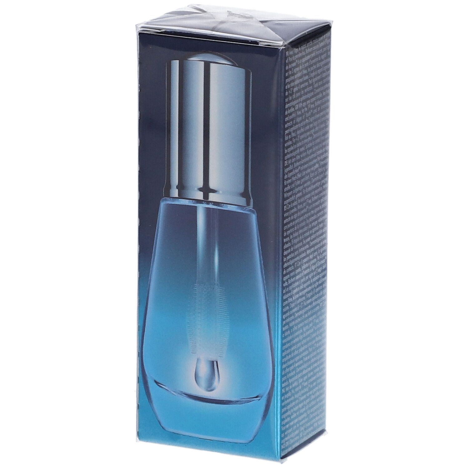 Prodotto in confezione blu. Flacone con tappo argentato. Flacone di siero con sfumatura blu. Contagocce visibile.