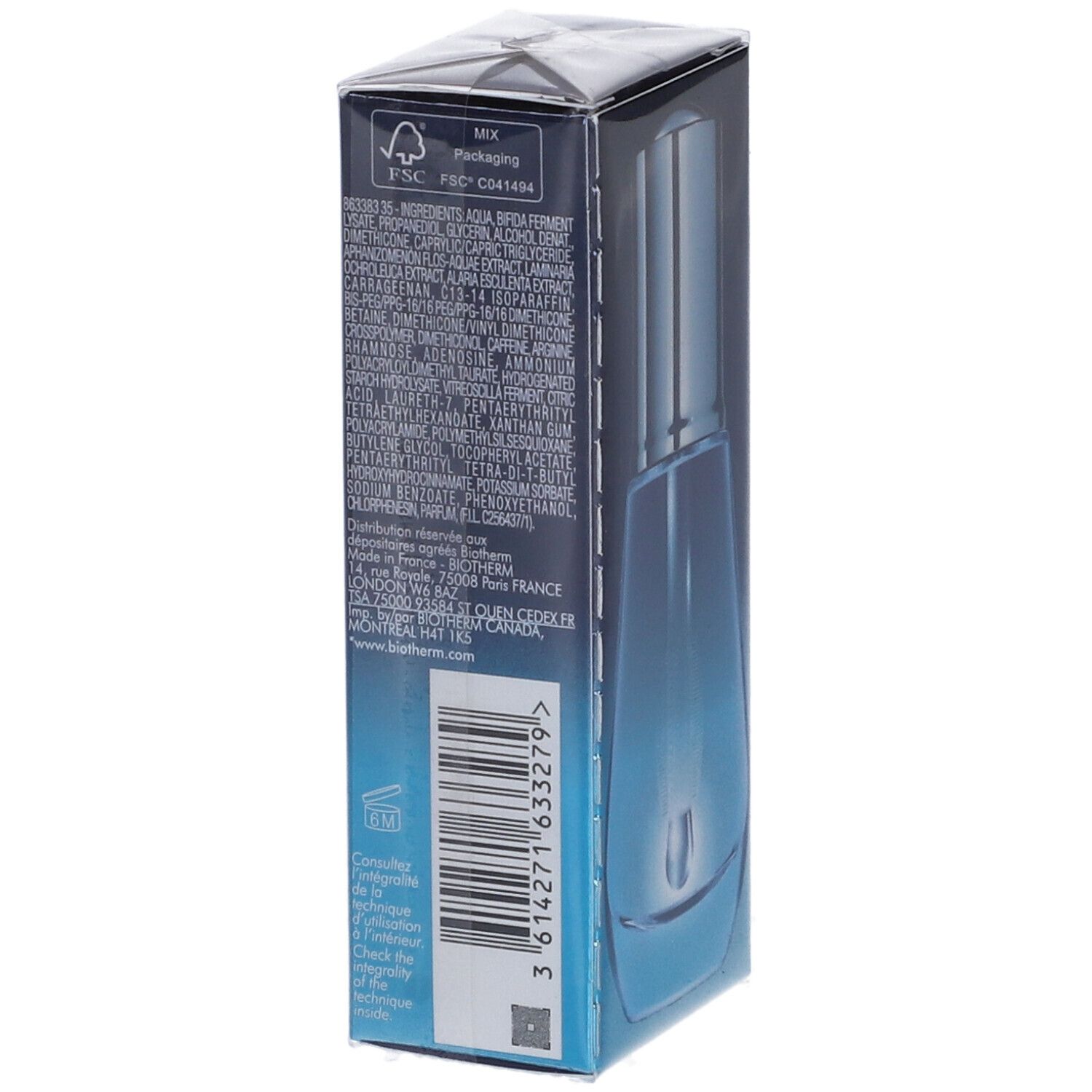 Scatola blu con testo e codice a barre. Ingredienti e informazioni produttore. Logo FSC. Prodotto: Blue Therapy Eye-Opening Serum.