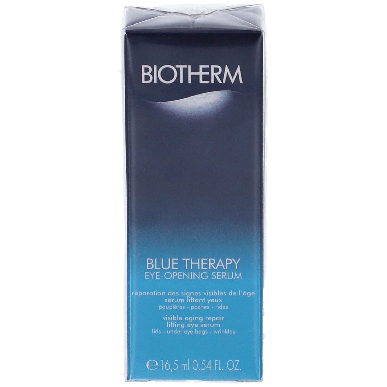 Confezione blu con logo BIOTHERM e nome del prodotto. Testo: Blue Therapy Eye-Opening Serum. Volume: 16,5 ml.