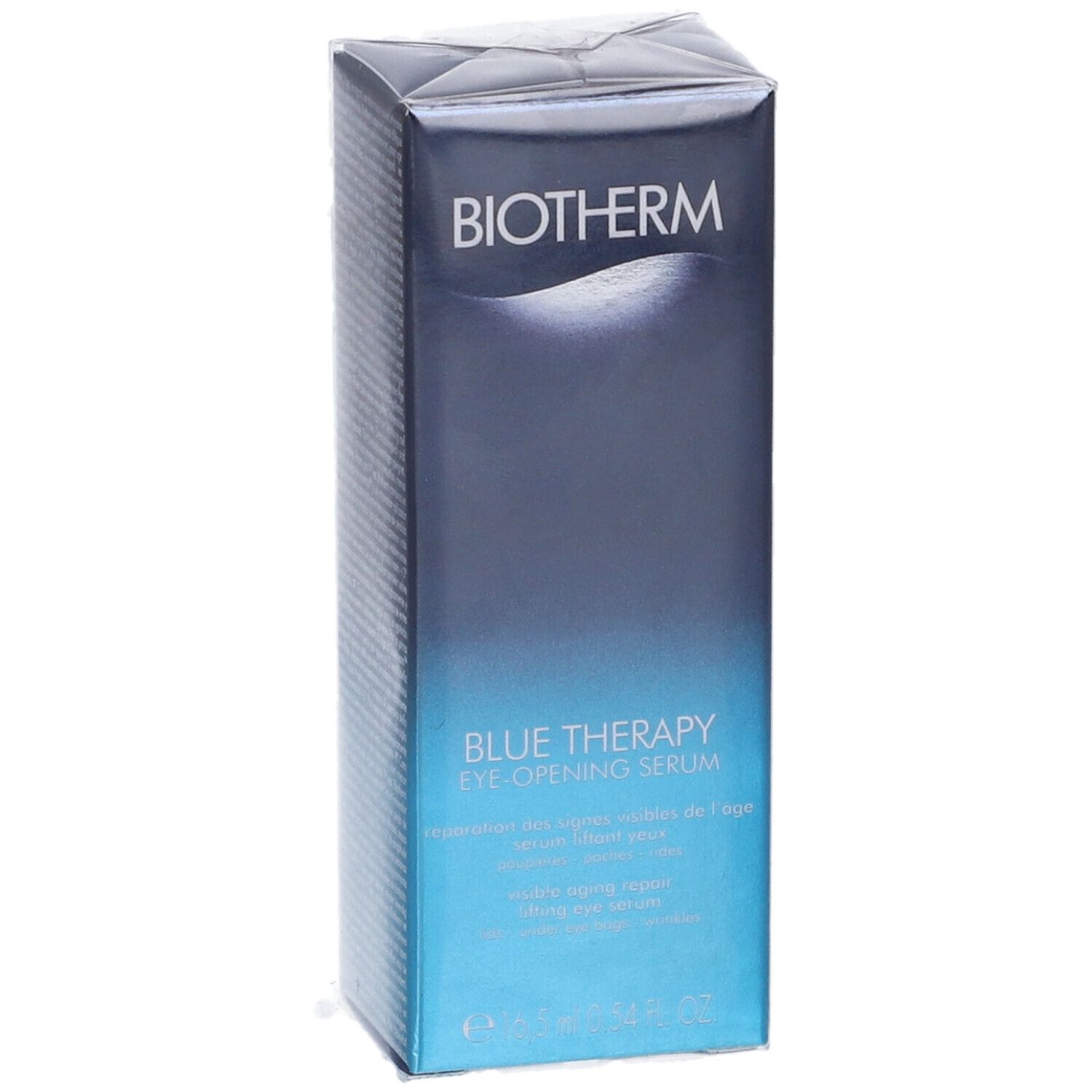 Confezione blu con logo BIOTHERM e nome del prodotto. Testo: Blue Therapy Eye-Opening Serum. Imballaggio in cartone.