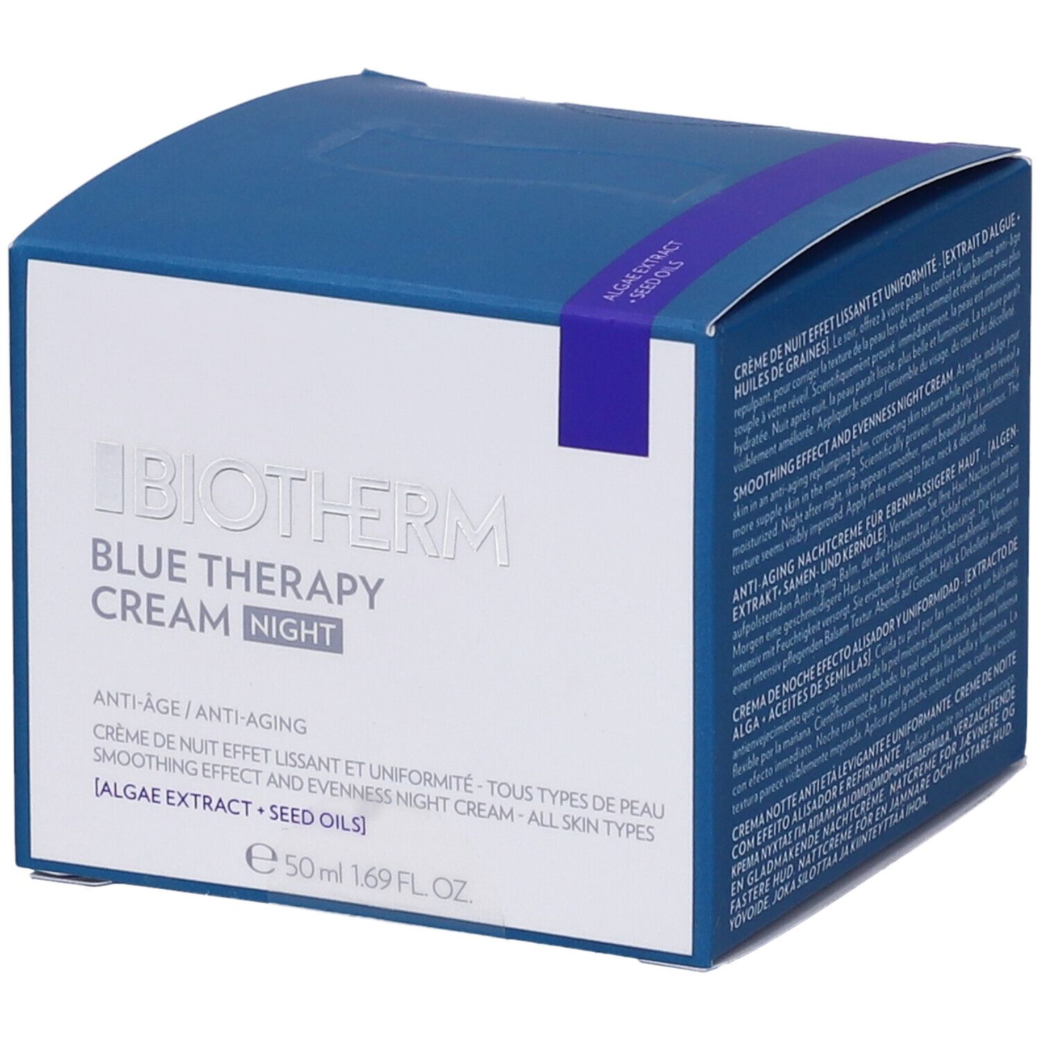 Confezione blu con nome del prodotto e testo. Contiene 'Biotherm Blue Therapy Cream Night'.