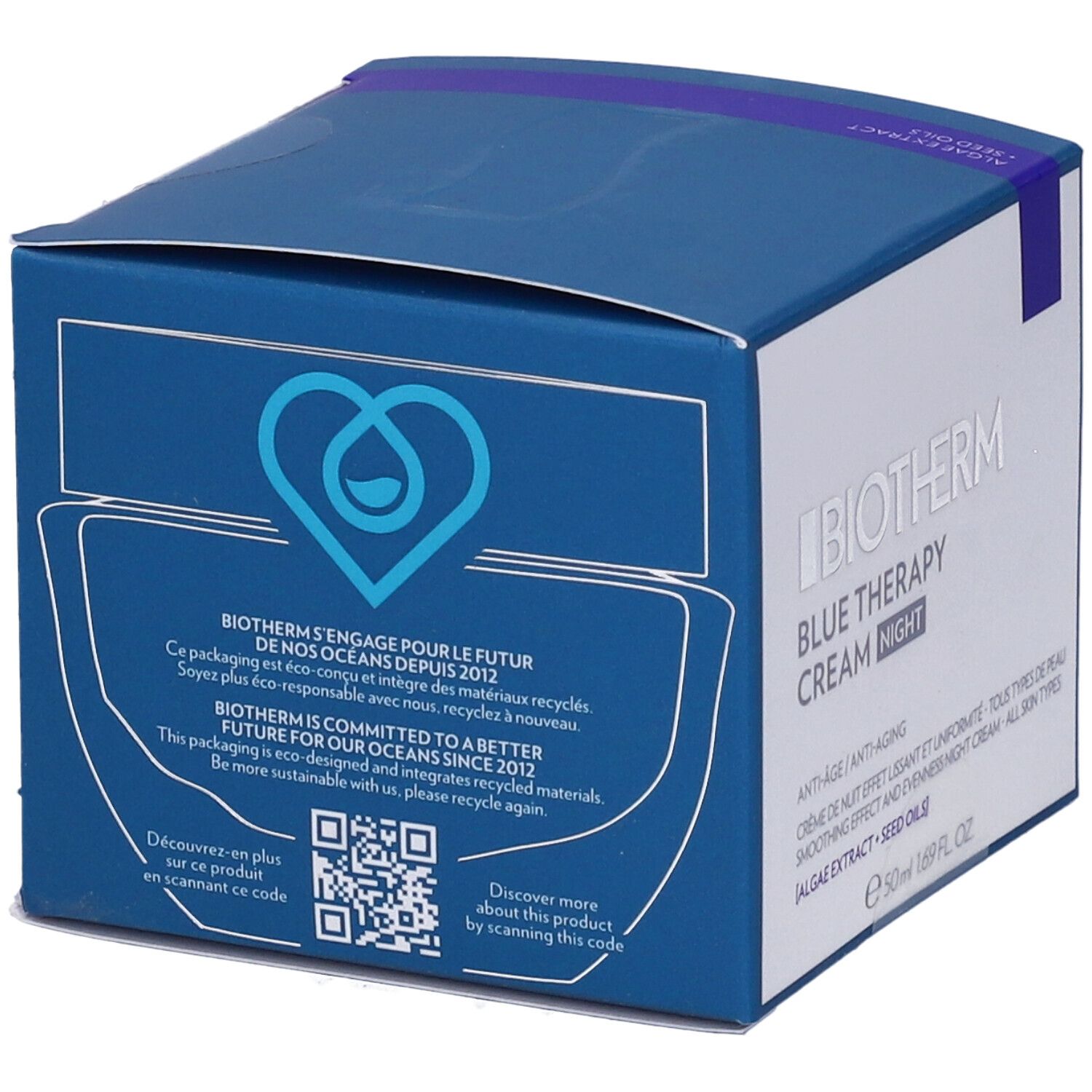 Scatola blu con logo e testo. Contiene informazioni sulla sostenibilità e codice QR.