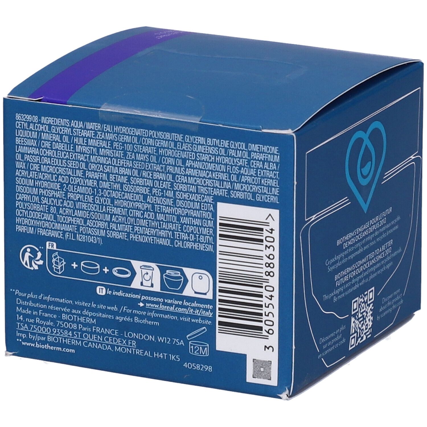 Retro della scatola blu con ingredienti e informazioni. Contiene simboli.