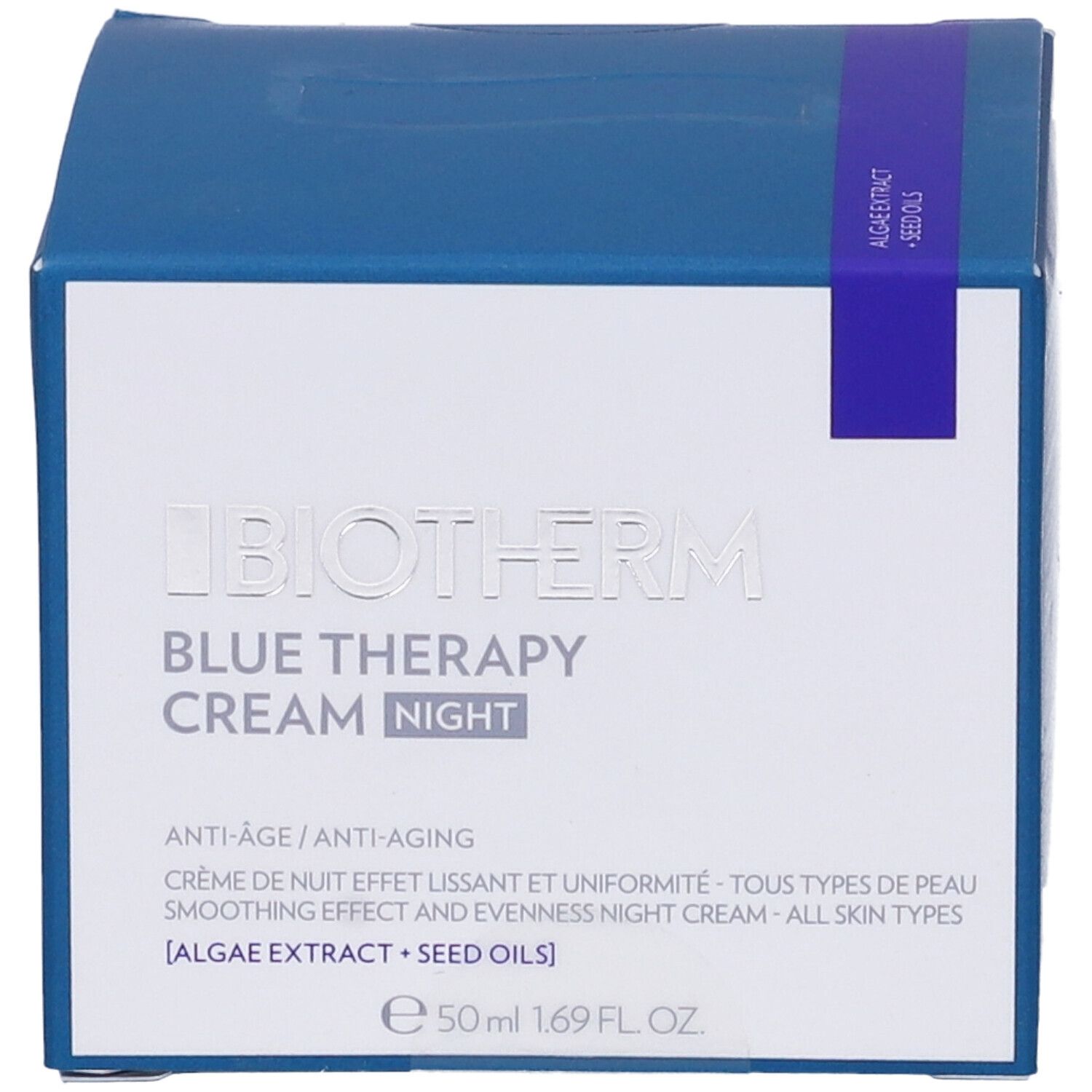 Confezione blu con nome del prodotto e testo. Contiene 'Biotherm Blue Therapy Cream Night'.