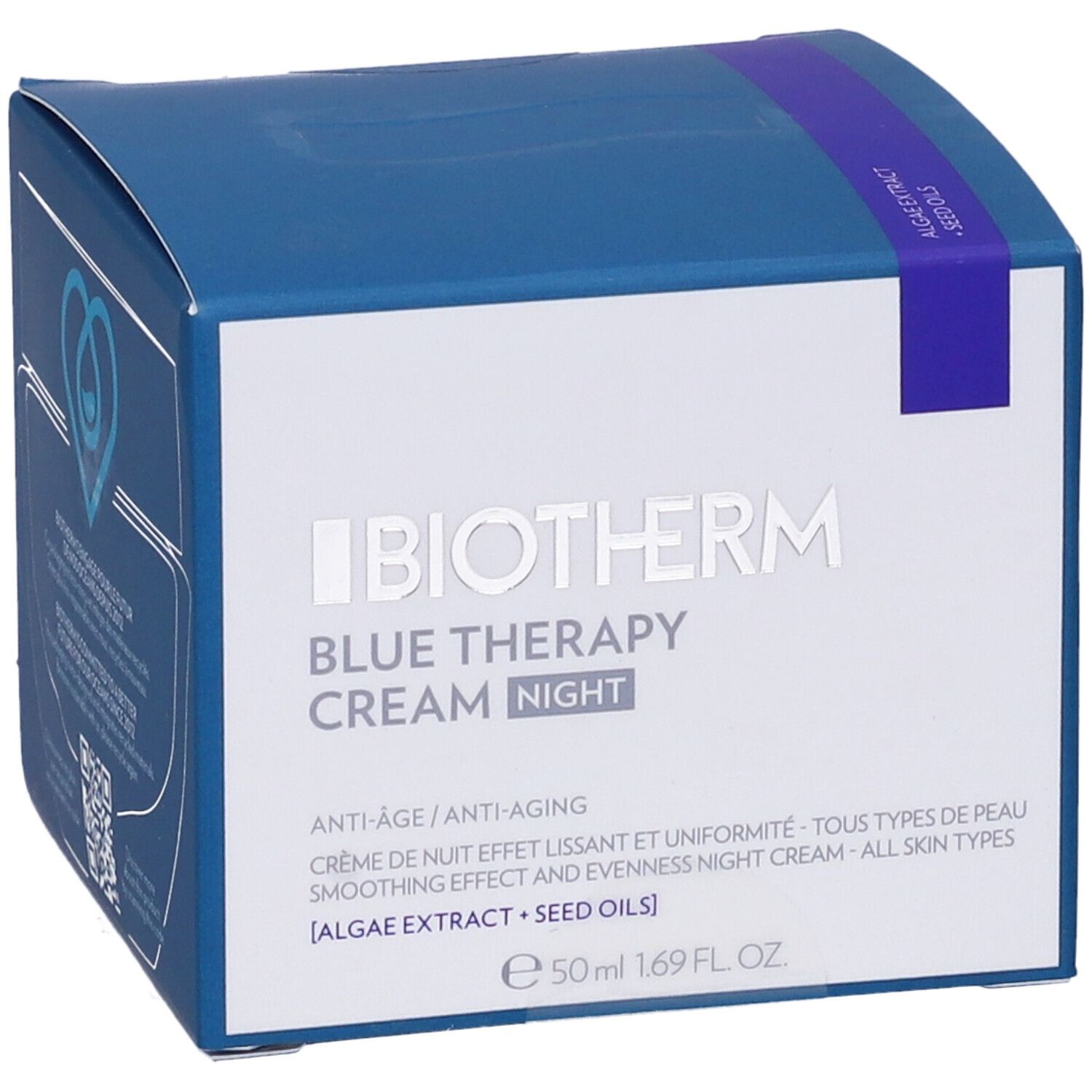 Confezione blu con nome del prodotto e testo. Contiene 'Biotherm Blue Therapy Cream Night'.