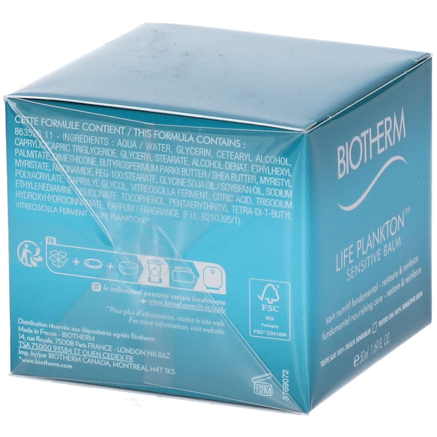 Retro della confezione. Ingredienti e informazioni. Scritta: BIOTHERM, LIFE PLANKTON™ SENSITIVE BALM. Logo FSC.