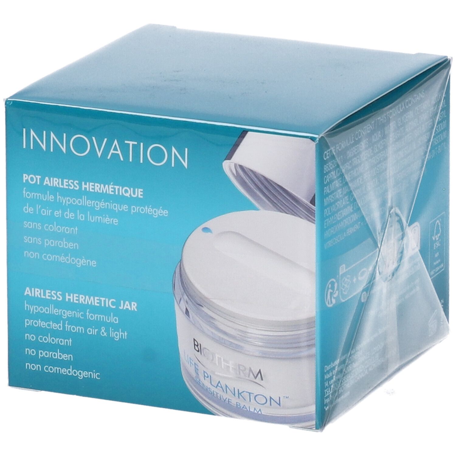 Confezione con immagine del prodotto. Scritta: INNOVATION, POT AIRLESS HERMETIQUE. Prodotto: vasetto di crema bianca. BIOTHERM, LIFE PLANKTON™ SENSITIVE BALM.