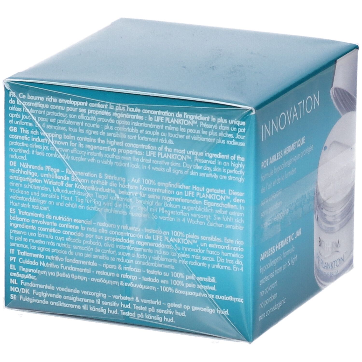 Confezione con testo multilingue. Scritta: INNOVATION, POT AIRLESS HERMETIQUE. BIOTHERM, LIFE PLANKTON™ SENSITIVE BALM.