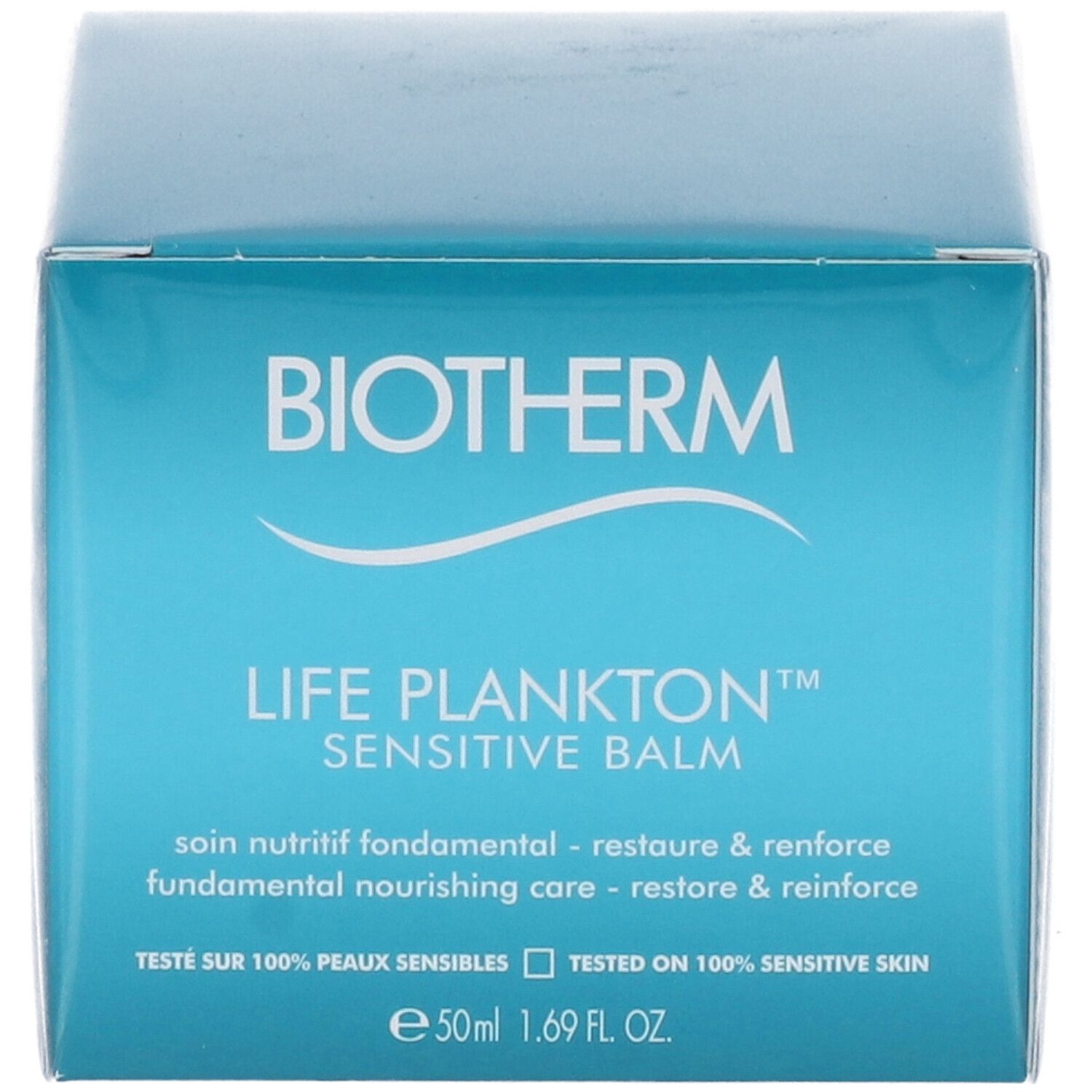 Confezione turchese. Scritta: BIOTHERM, LIFE PLANKTON™ SENSITIVE BALM. Testo: soin nutritif fondamental, 50ml, 1.69 FL. OZ.