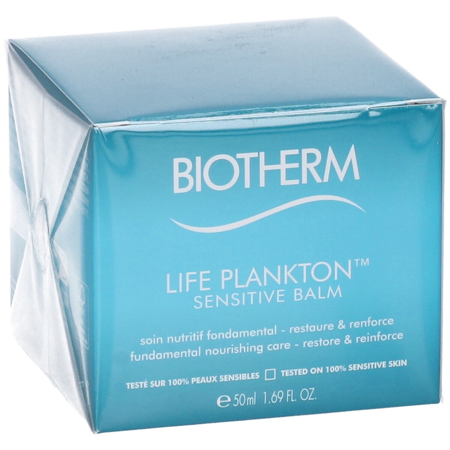 Confezione turchese. Scritta: LIFE PLANKTON™ SENSITIVE BALM. Testo: soin nutritif fondamental, 50ml, 1.69 FL. OZ.