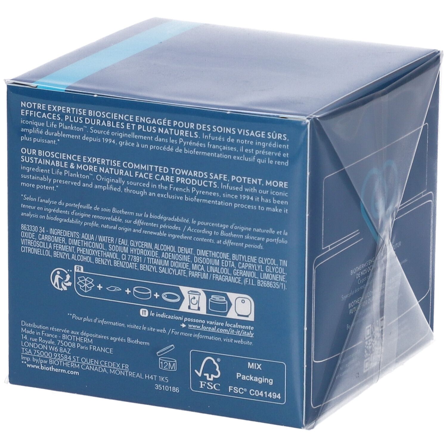 Lato della confezione Biotherm Life Plankton Mask. Testo, ingredienti e loghi su sfondo blu. Imballaggio in plastica.